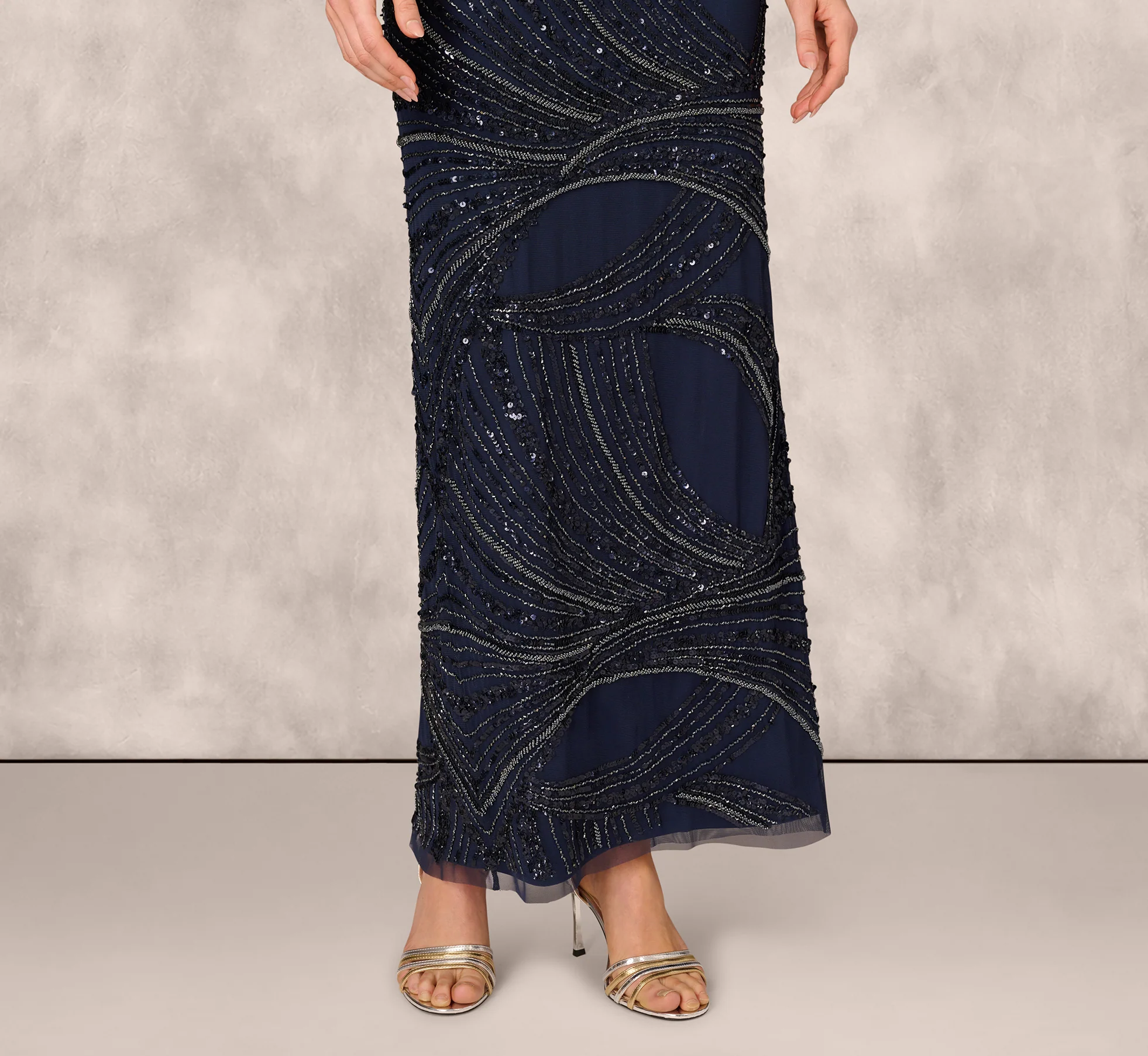 Short Sleeve Beaded Column Gown In Navy - Image 4