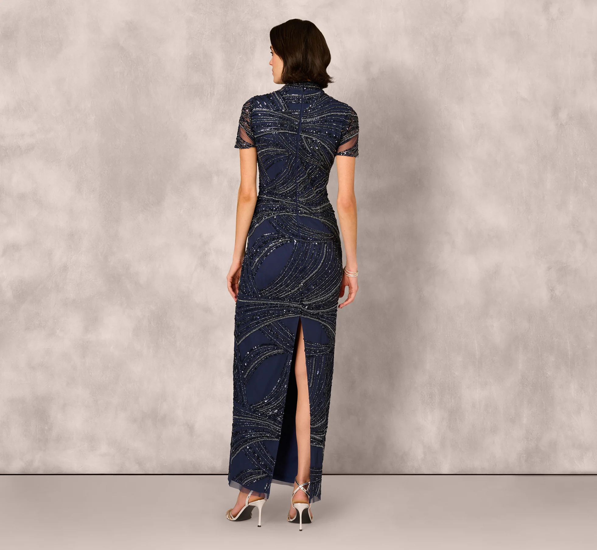 Short Sleeve Beaded Column Gown In Navy - Image 5