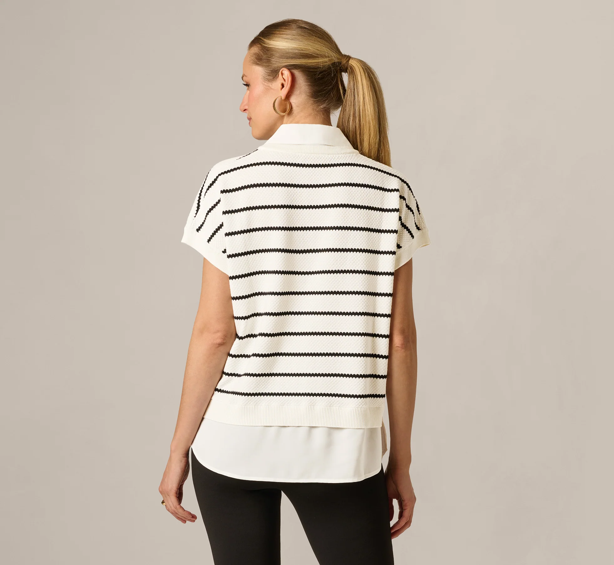 Short Sleeve Drop Shoulder Twofer Sweater In Ivory Black W  Ivory - Image 6