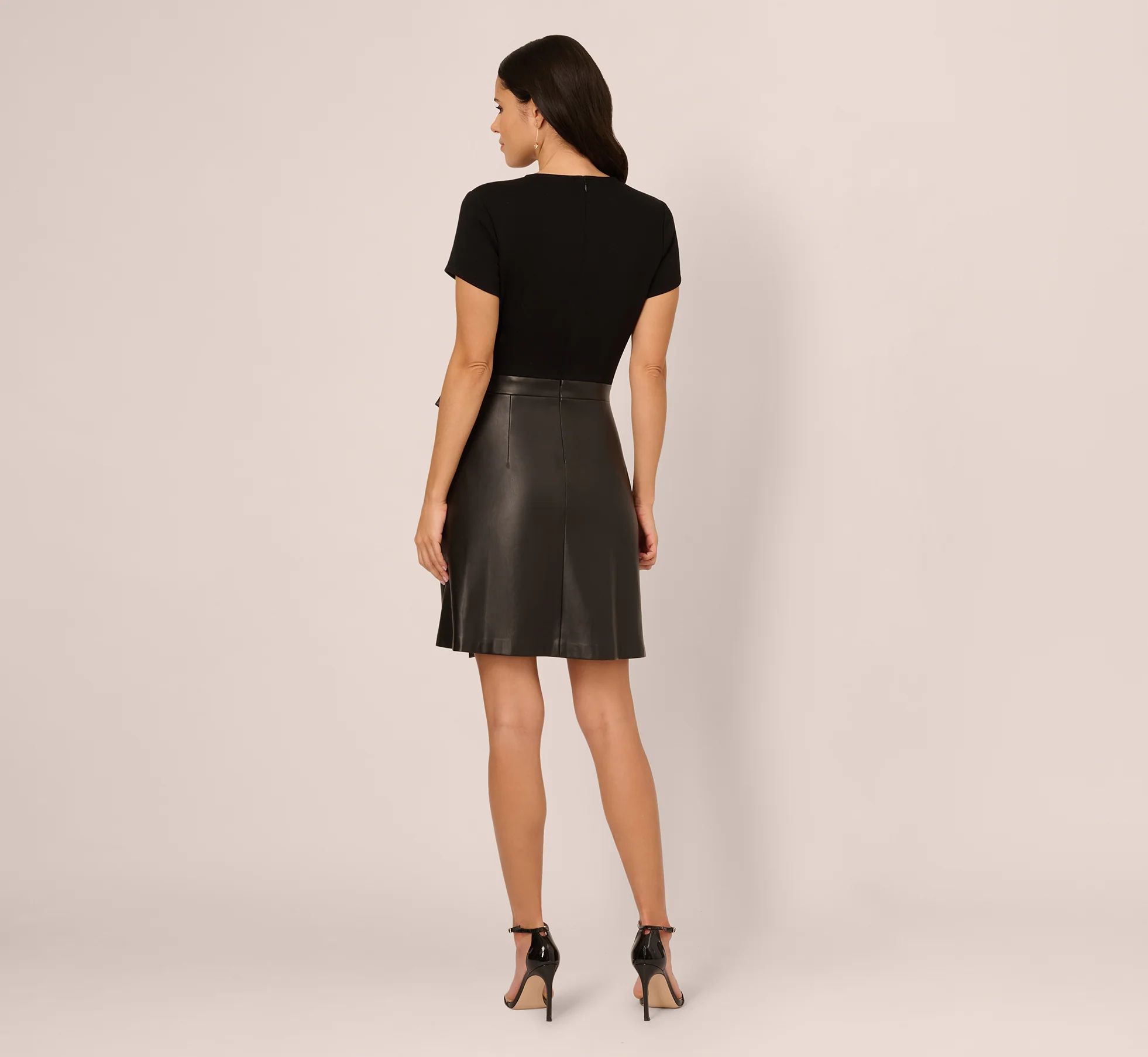 Short Sleeve Faux Leather Combo Skater Dress In Black - Image 6