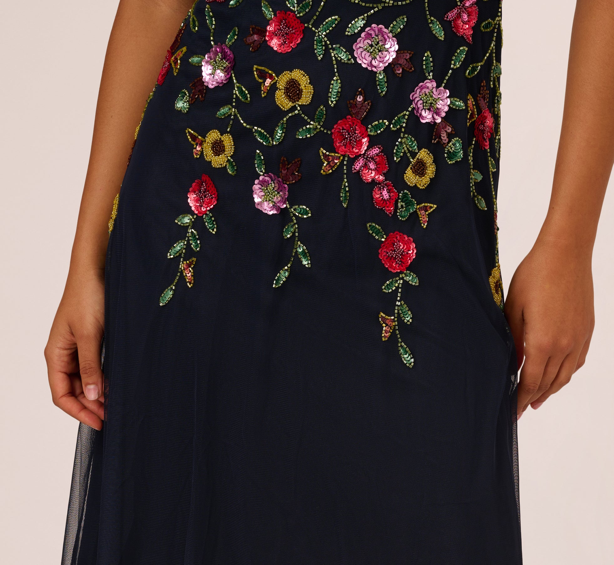 Short Sleeve Floral Beaded Midi Dress In Navy Multi - Image 4