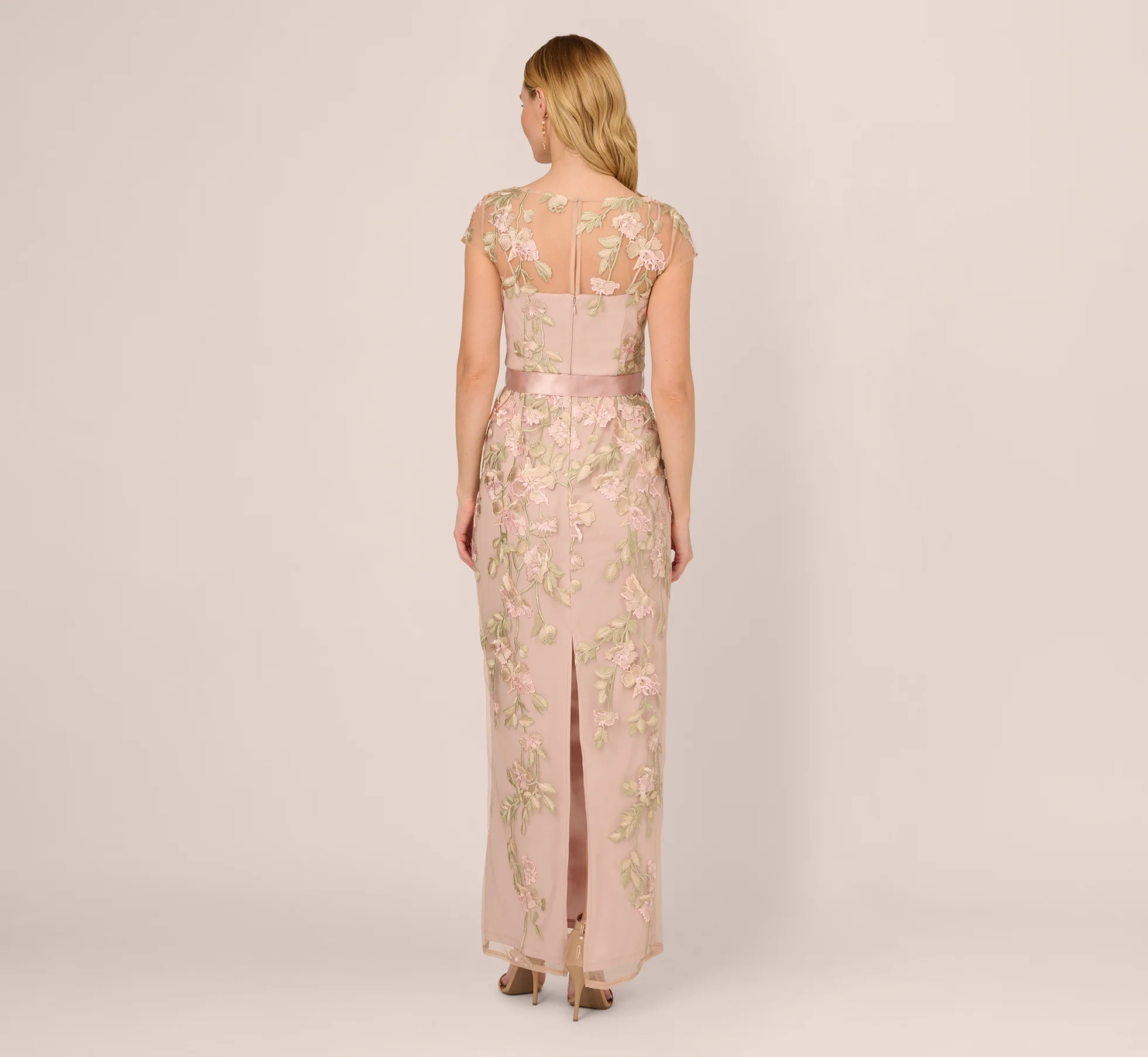 Short Sleeve Floral Embroidered Gown With Ribbon Tie Waist In Blush Nude Multi - Image 5