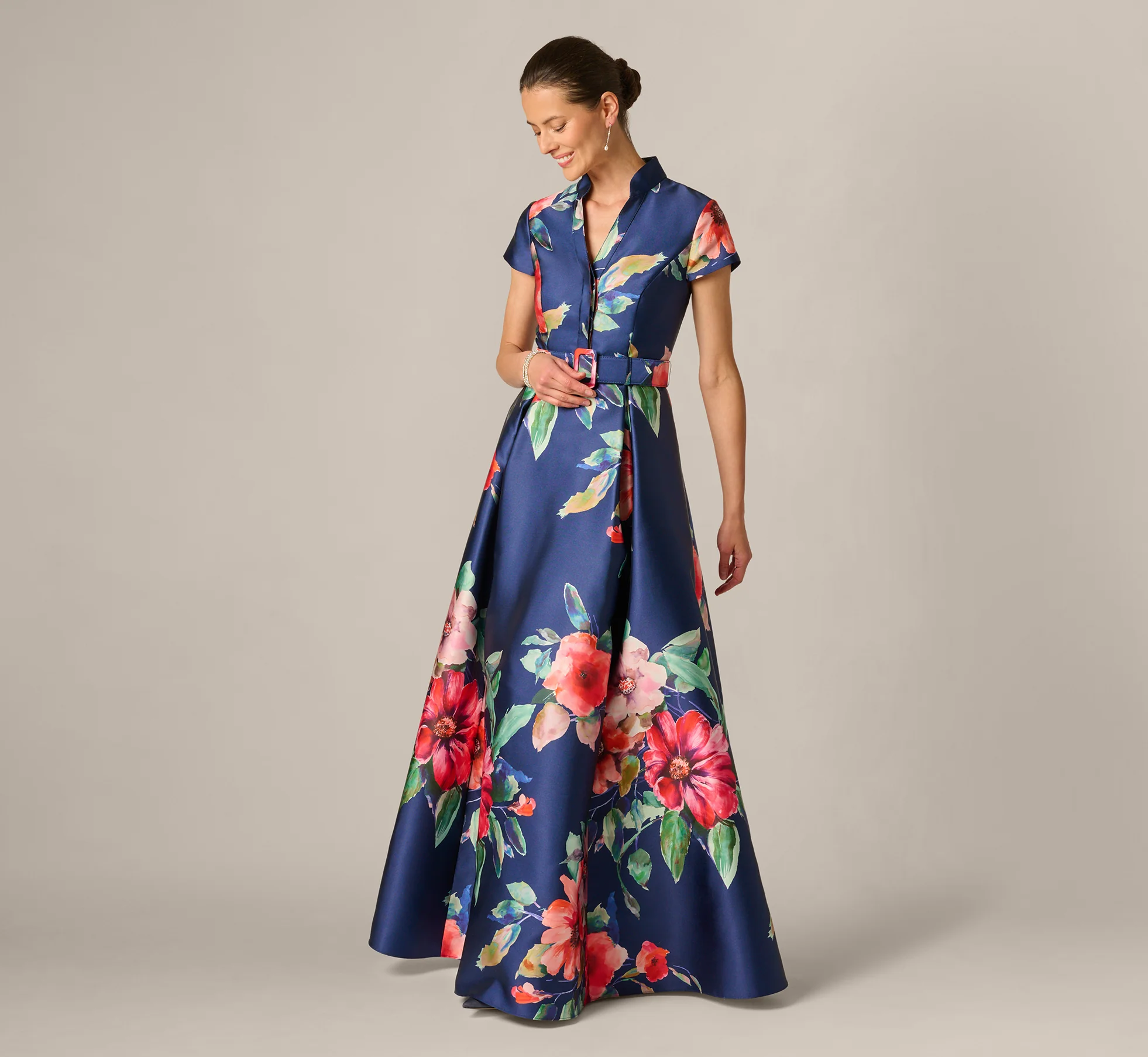 Short Sleeve Magnolia Floral Ballgown In Navy Multi - Image 3