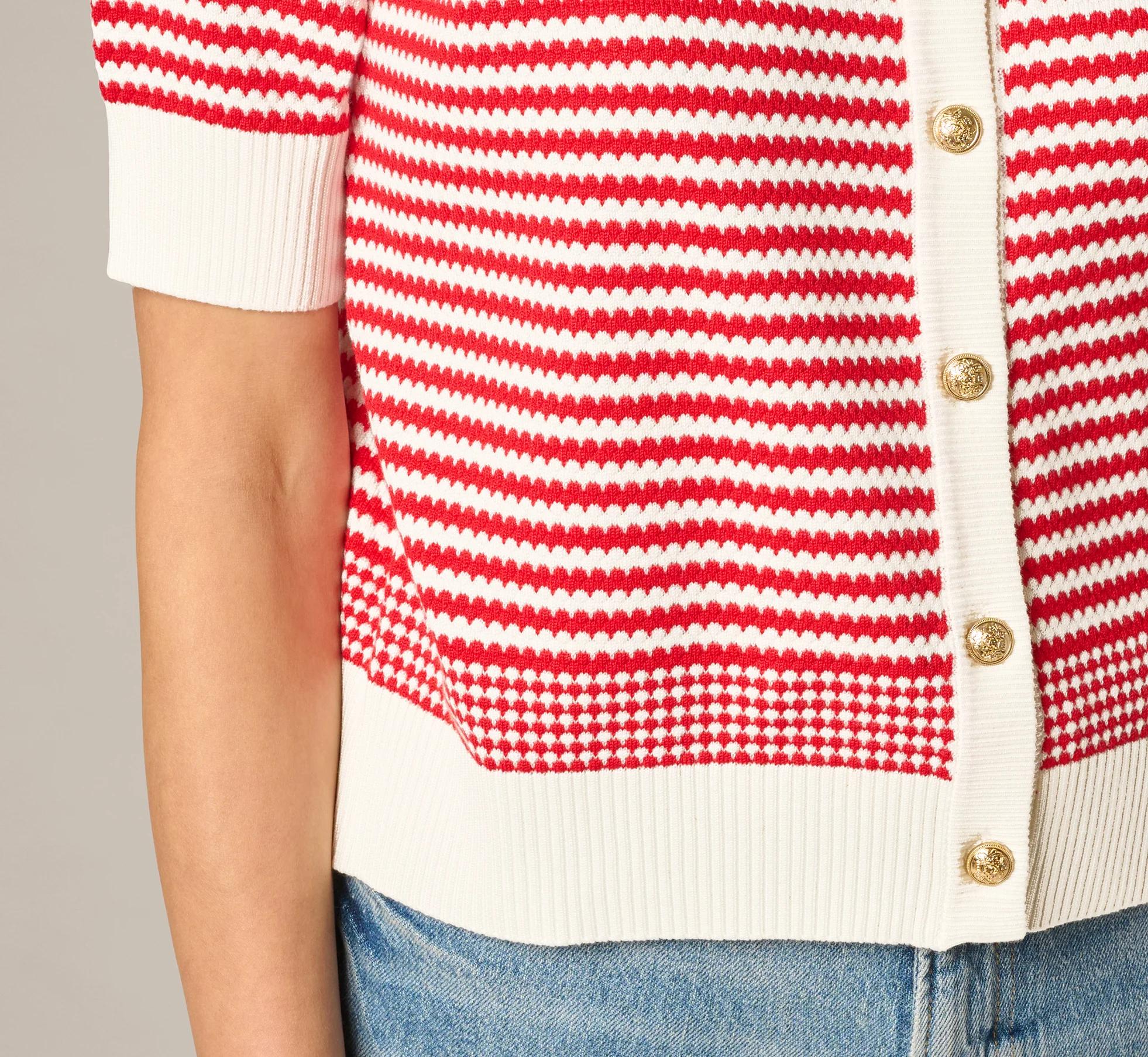 Short Sleeve Metallic Button Cardigan Sweater In Ivory Red - Image 5