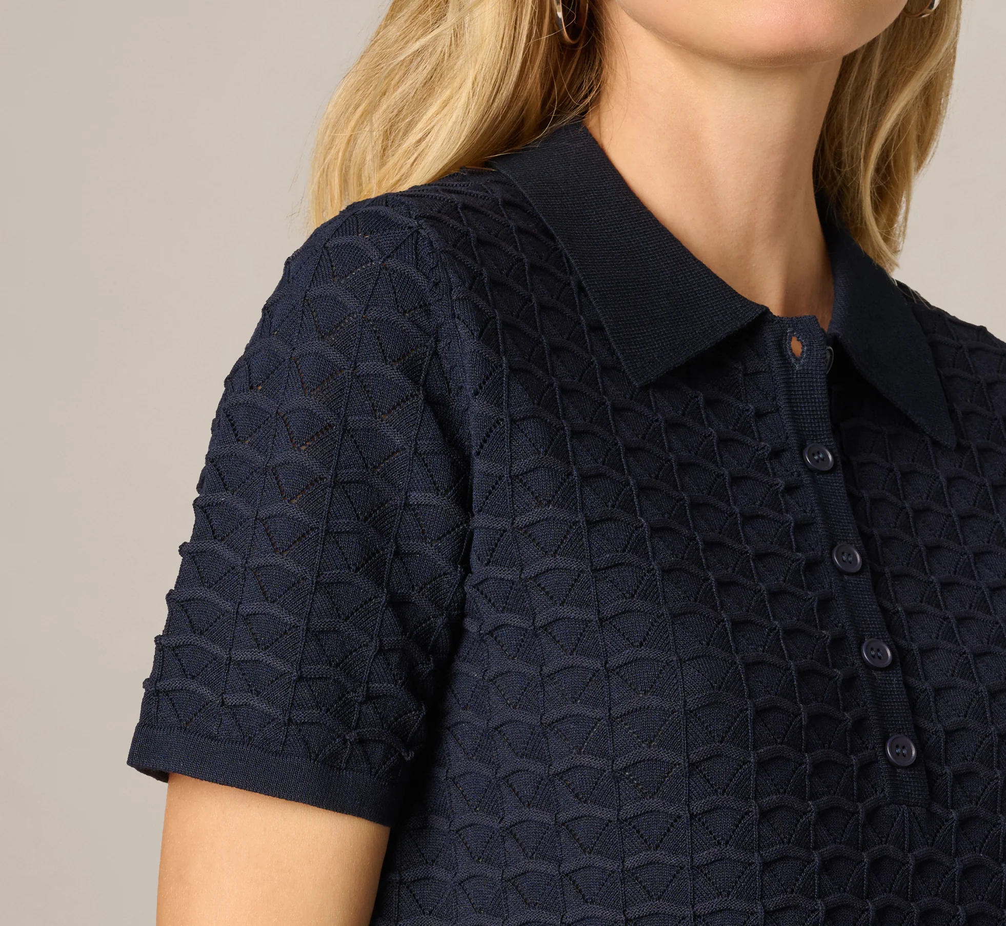 Short Sleeve Open Pointelle Polo Top In Blue Moon - Image 4