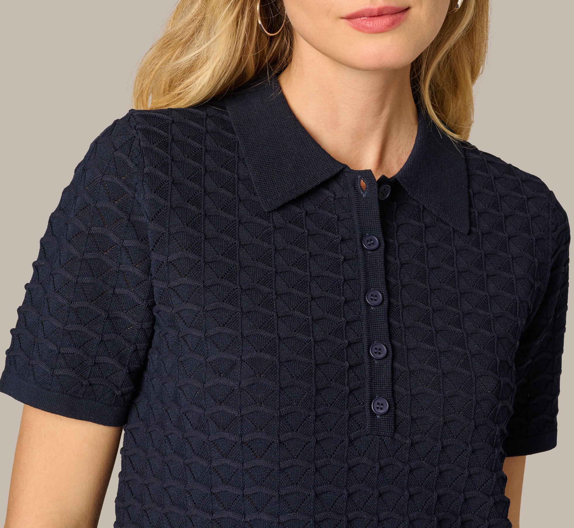 Short Sleeve Open Pointelle Polo Top In Blue Moon - Image 5