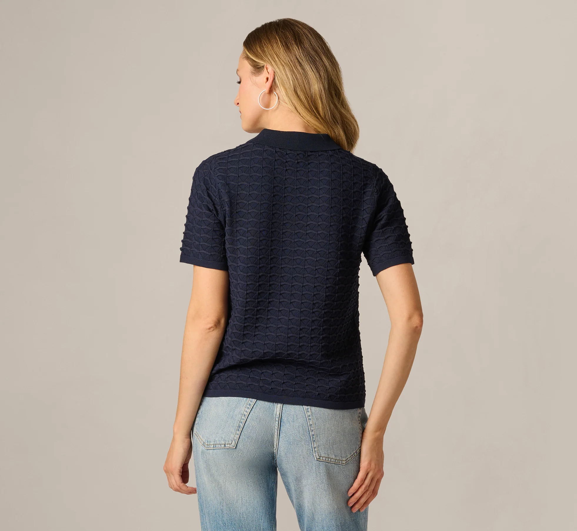 Short Sleeve Open Pointelle Polo Top In Blue Moon - Image 6