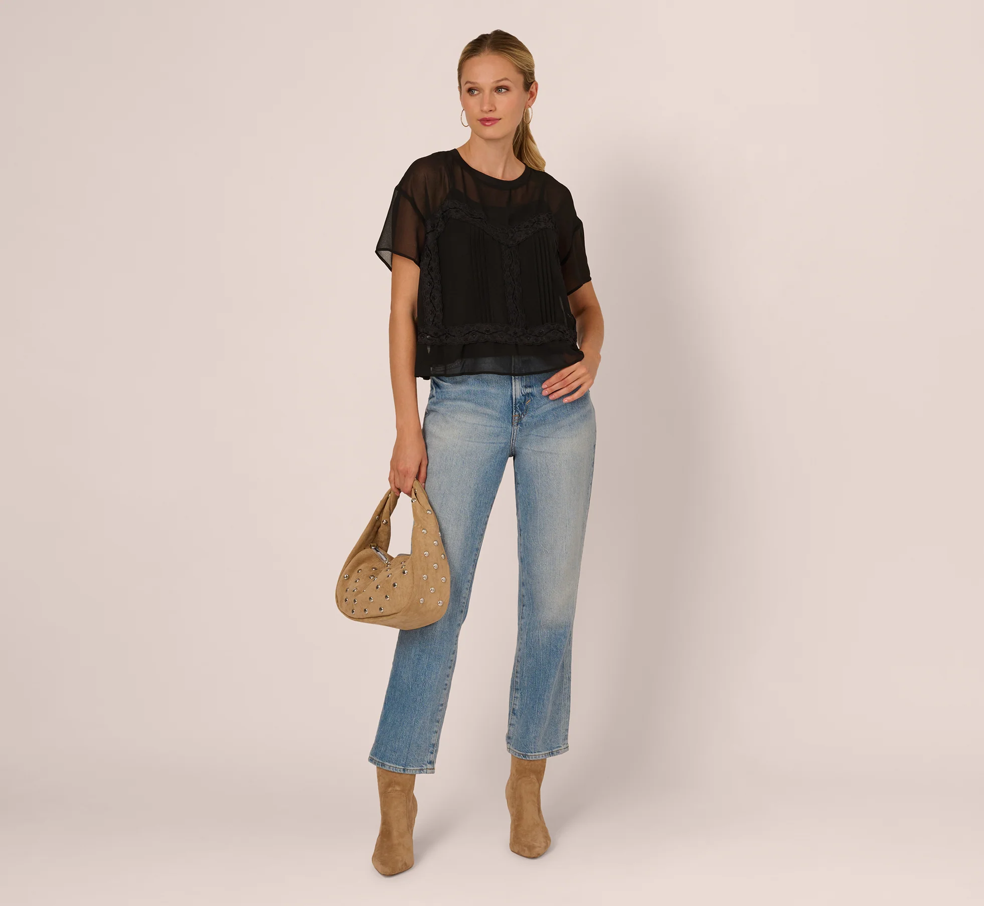 Short Sleeve Pintuck Lace Top In Black - Image 2