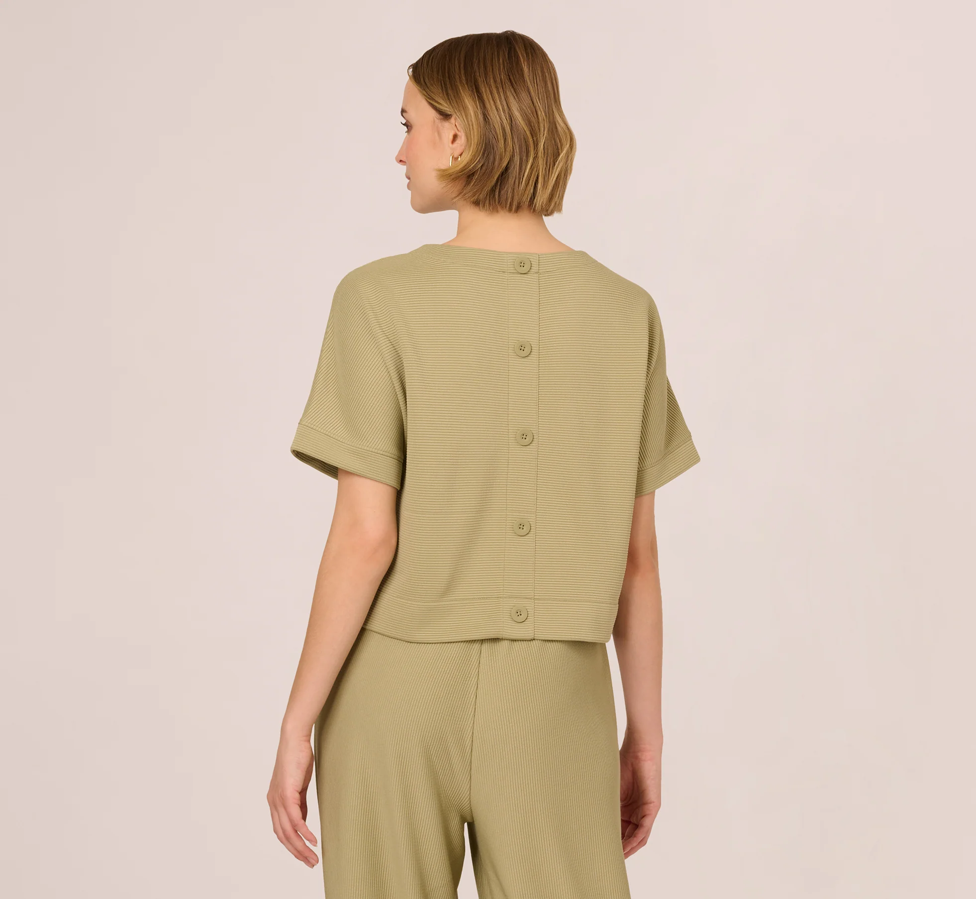 Short Sleeve Rib Knit Back Button Top In Dusty Sage Green - Image 7