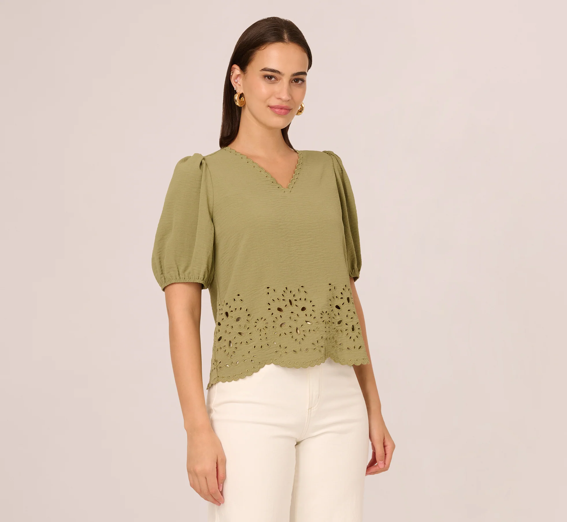 Short Sleeve Scalloped Eyelet Top In Oil Green - Image 3