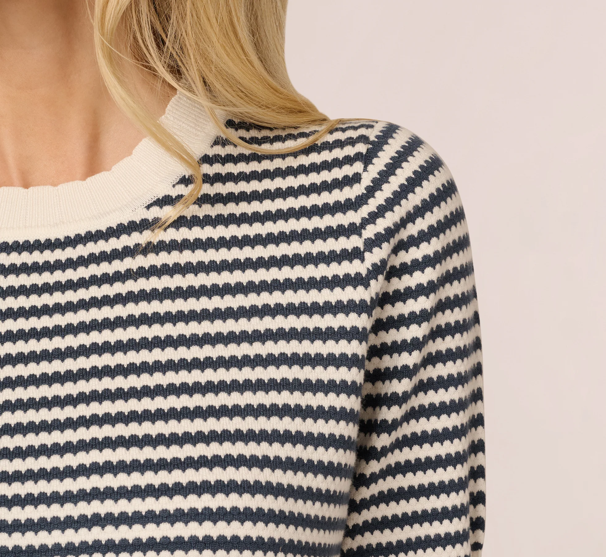 Short Sleeve Scalloped Stripe Pullover Sweater In Ivory Slate Blue - Image 5