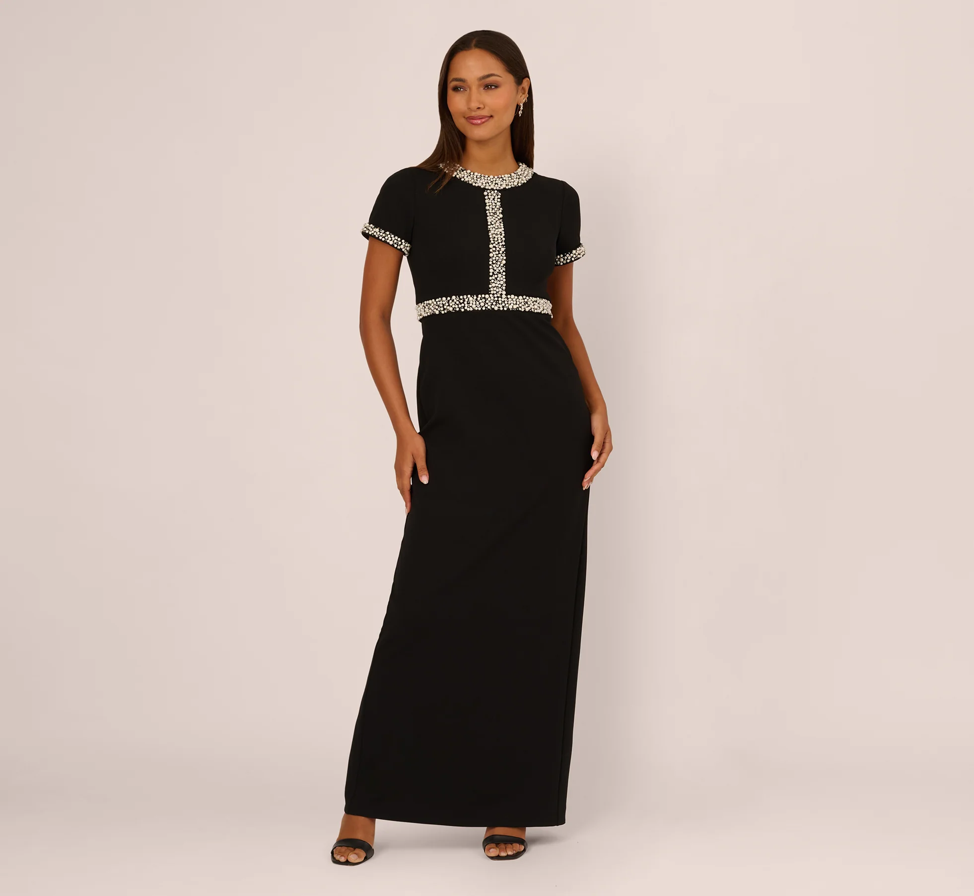 Short Sleeve Stretch Crepe Pearly Beaded Gown In Black Ivory - Image 2