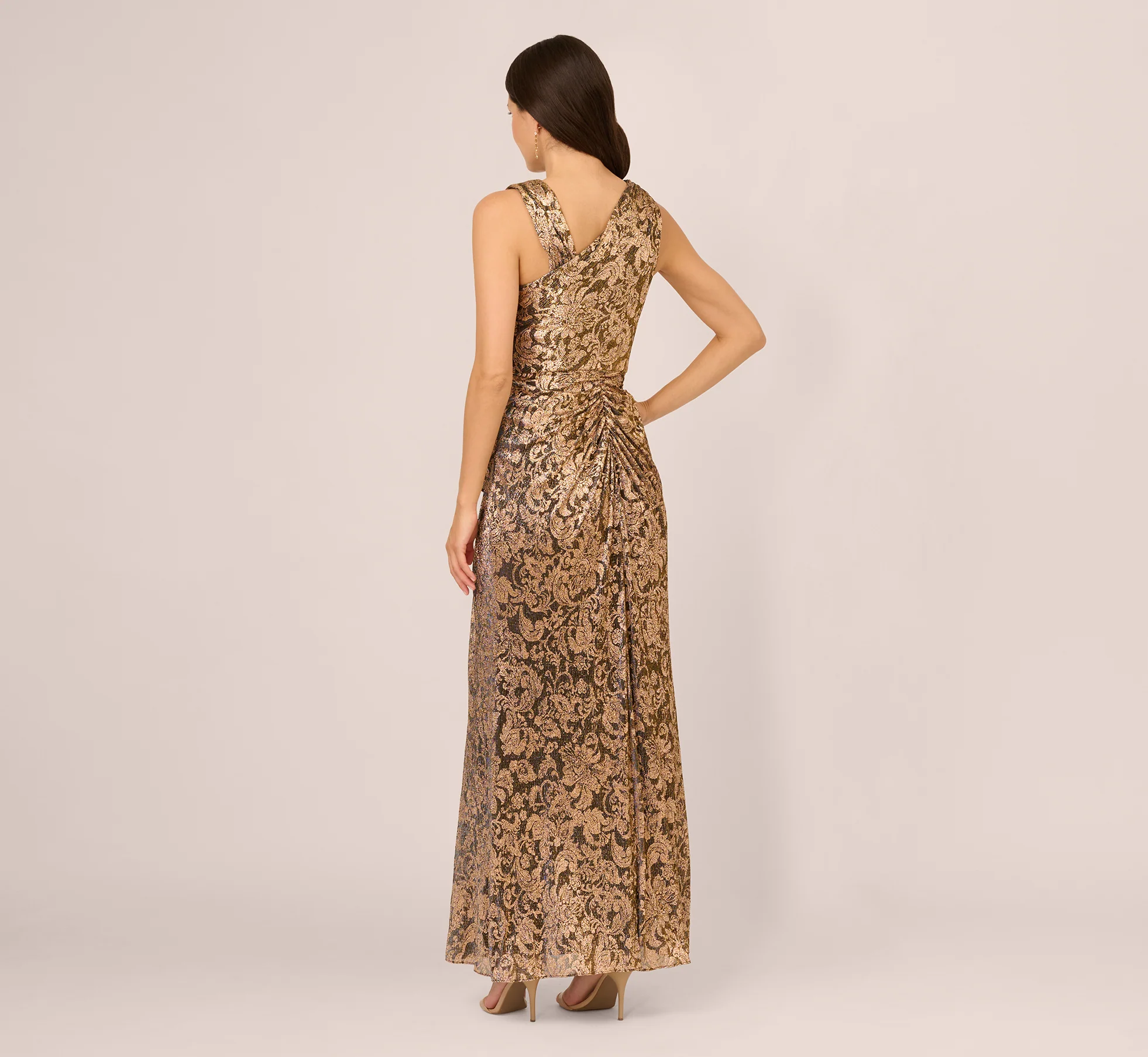 Sleeveless Asymmetrical Damask Metallic Gown In Chocolate - Image 5