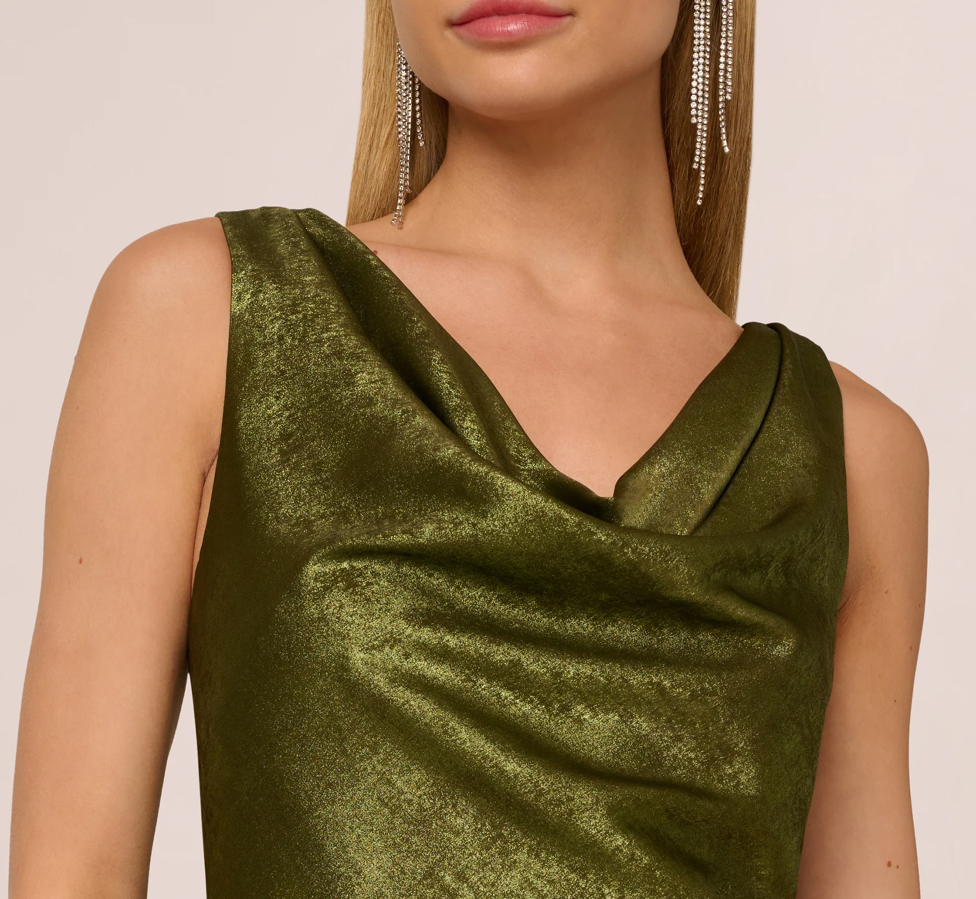 Sleeveless Bias Cut Foil Cowl Gown In Dark Olive - Image 4