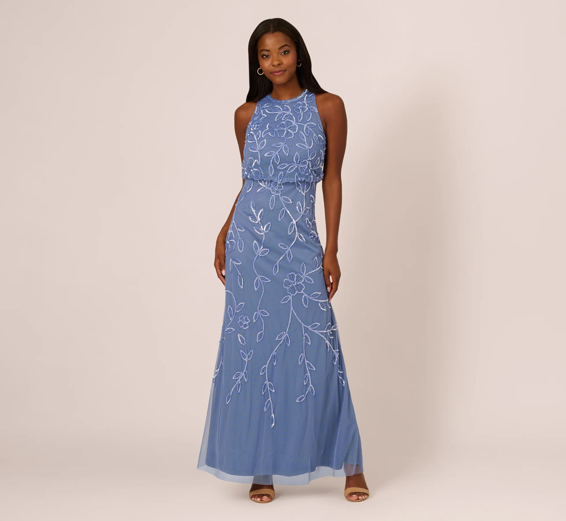 Sleeveless Blouson Mermaid Gown With Jasmine Beading In French Blue - Image 3