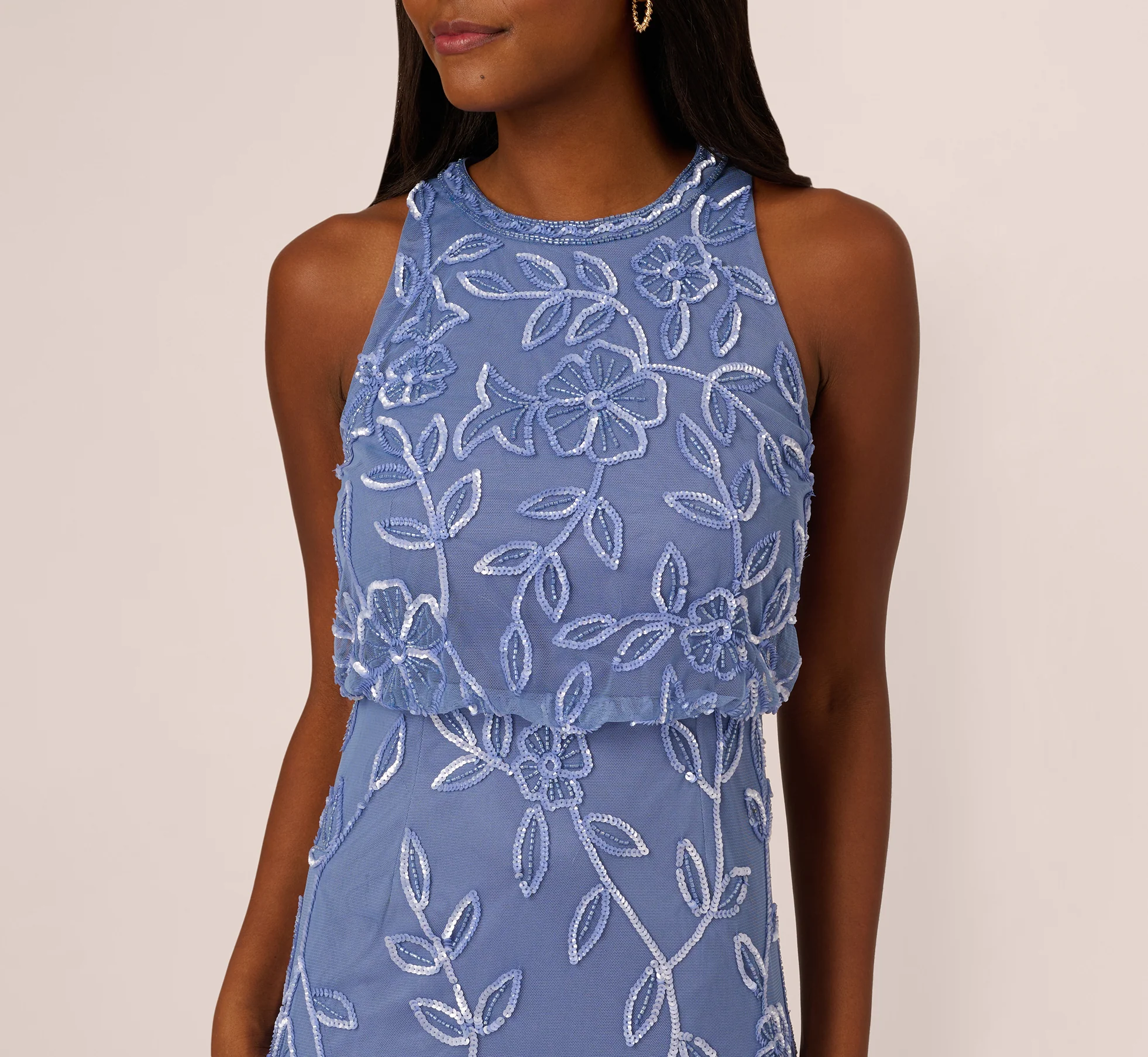 Sleeveless Blouson Mermaid Gown With Jasmine Beading In French Blue - Image 4