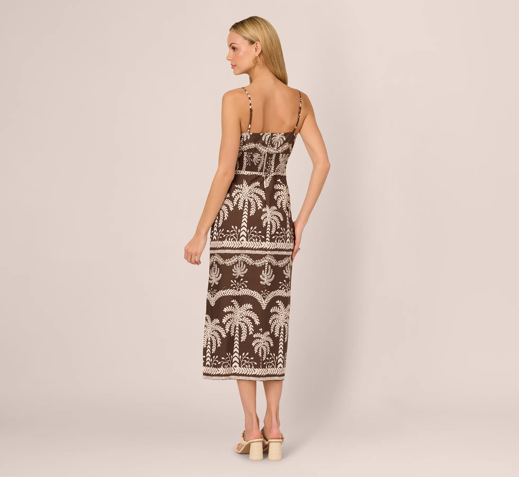 Sleeveless Bow Front Palm Tree Sundress In Brown Ivory - Image 5