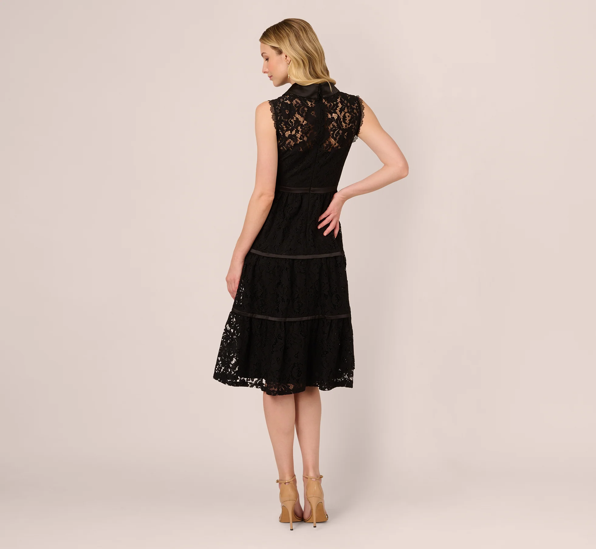 Sleeveless Collared Lace Fit And Flare Dress In Black - Image 5