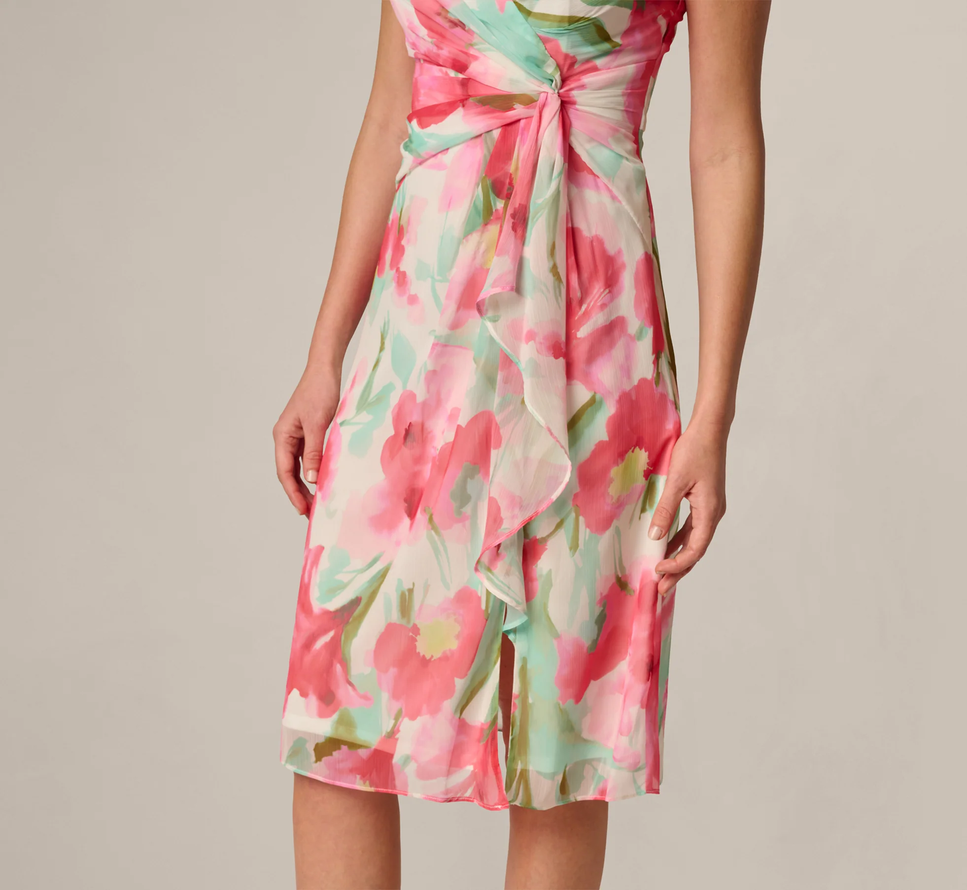 Sleeveless Draped Floral Chiffon Midi Sheath Dress In Coral Green Multi - Image 4