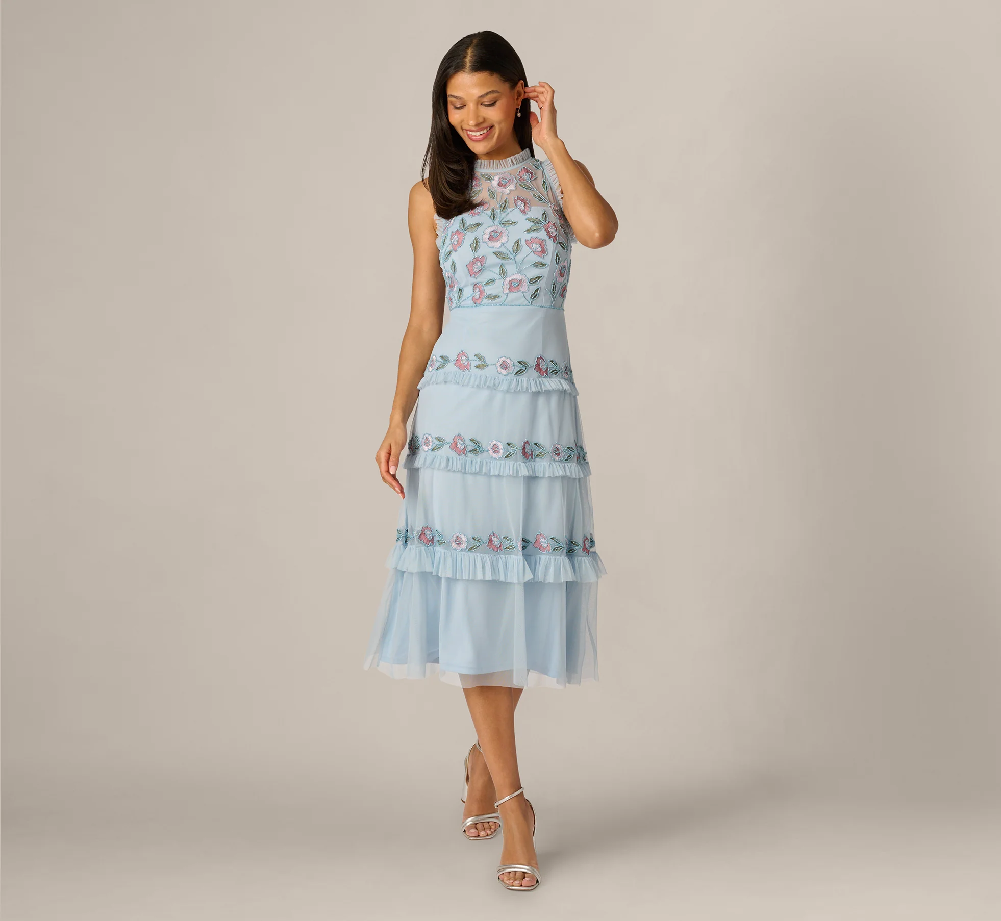 Sleeveless Floral Beaded Embroidery Ruffle Midi Dress In Elegant Sky Multi