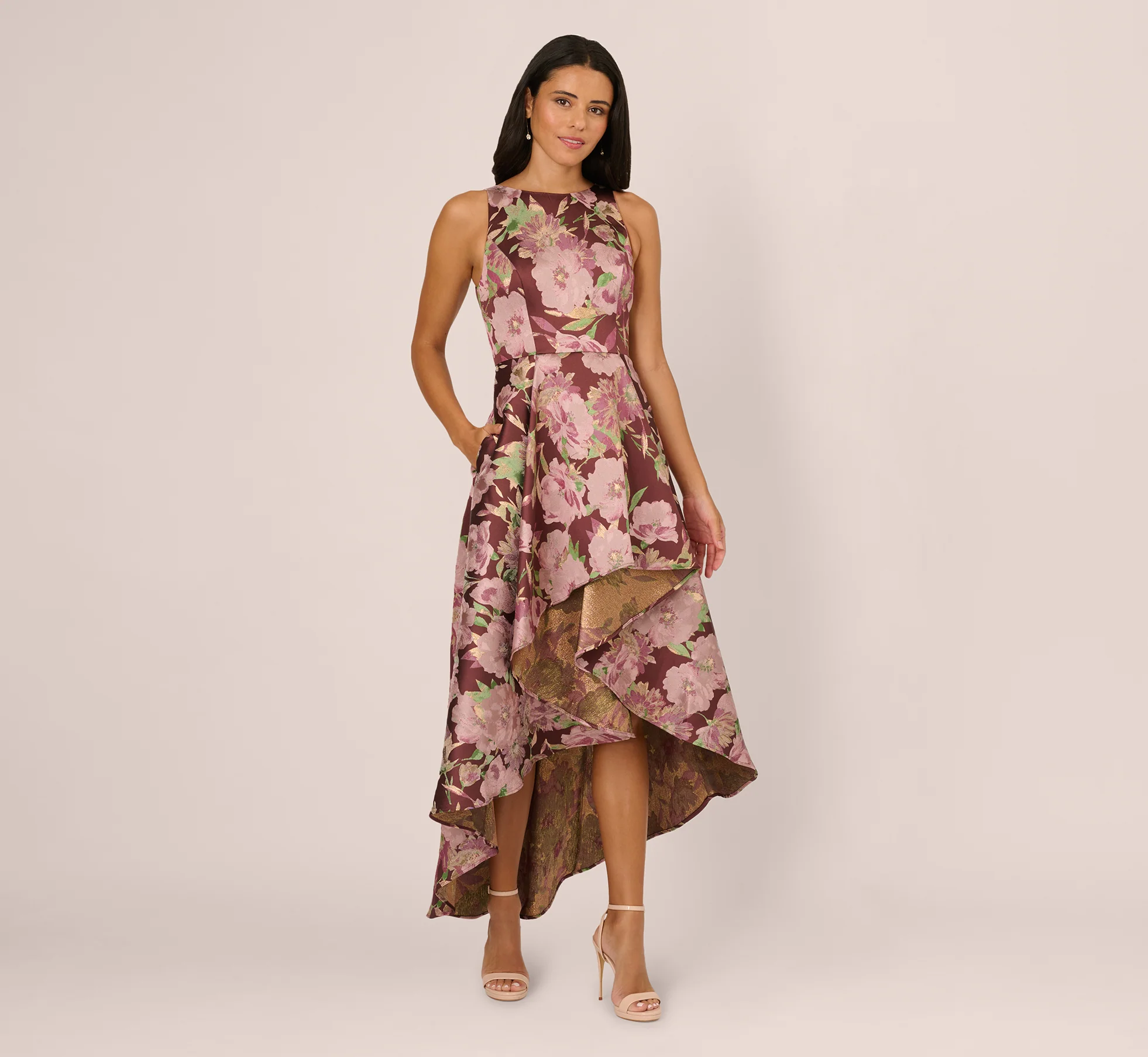Sleeveless Floral Jacquard High Low Gown In Burgundy Multi - Image 2