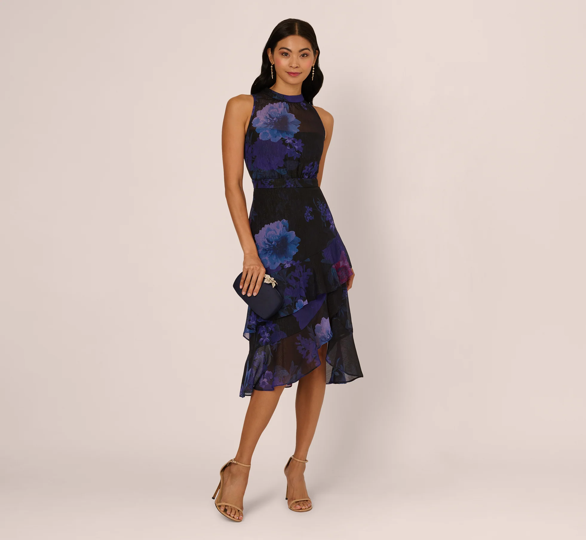 Sleeveless Glitter Floral Ruffle Midi Dress In Black Multi - Image 2