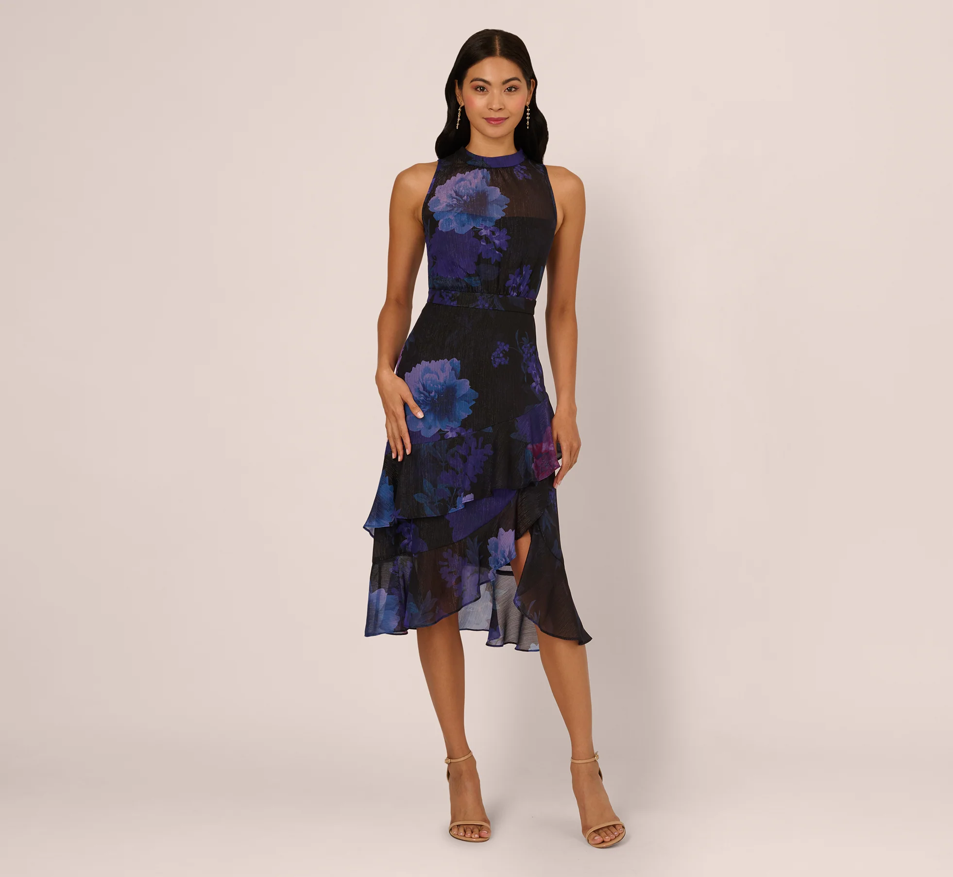 Sleeveless Glitter Floral Ruffle Midi Dress In Black Multi - Image 3