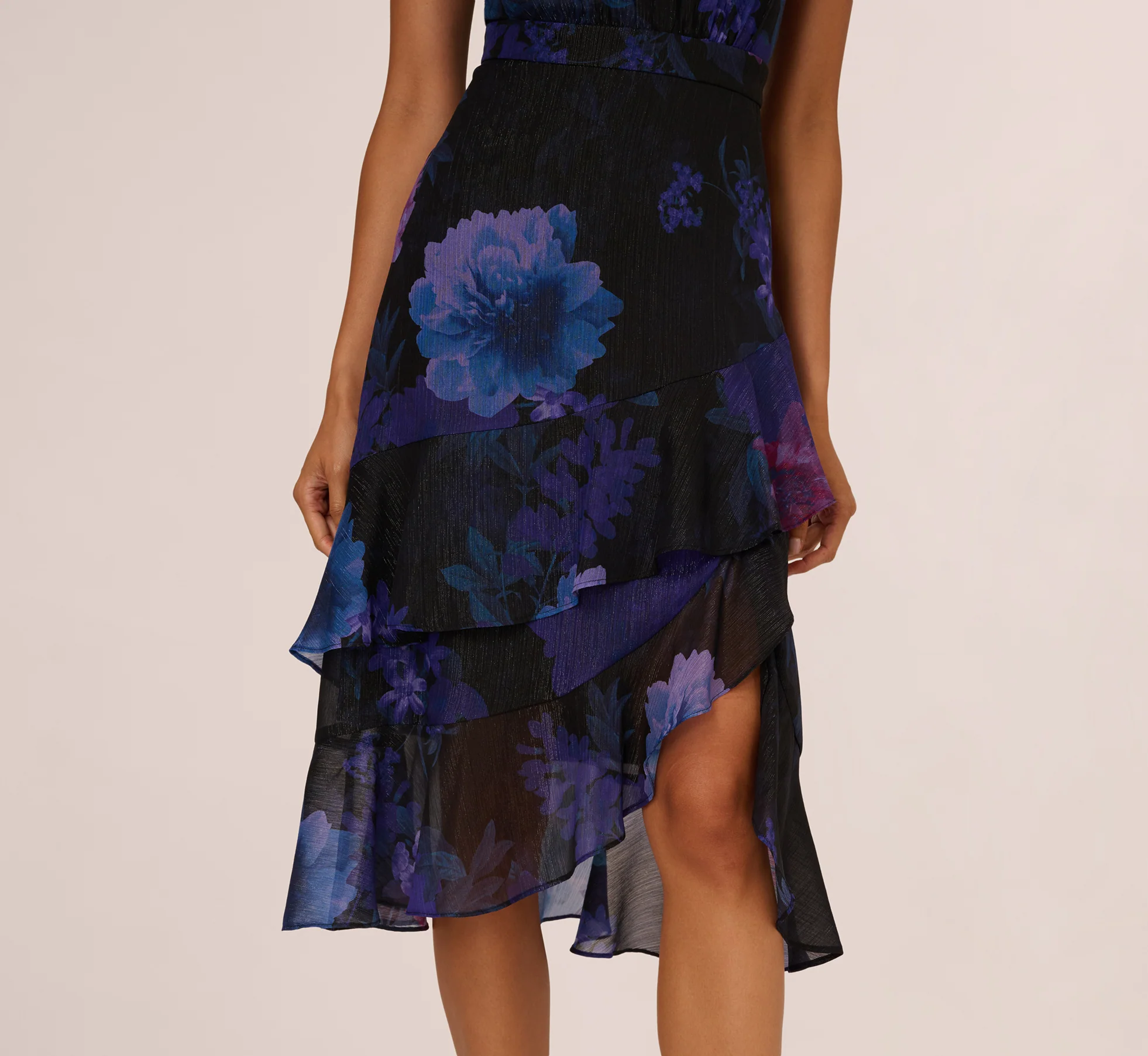 Sleeveless Glitter Floral Ruffle Midi Dress In Black Multi - Image 5