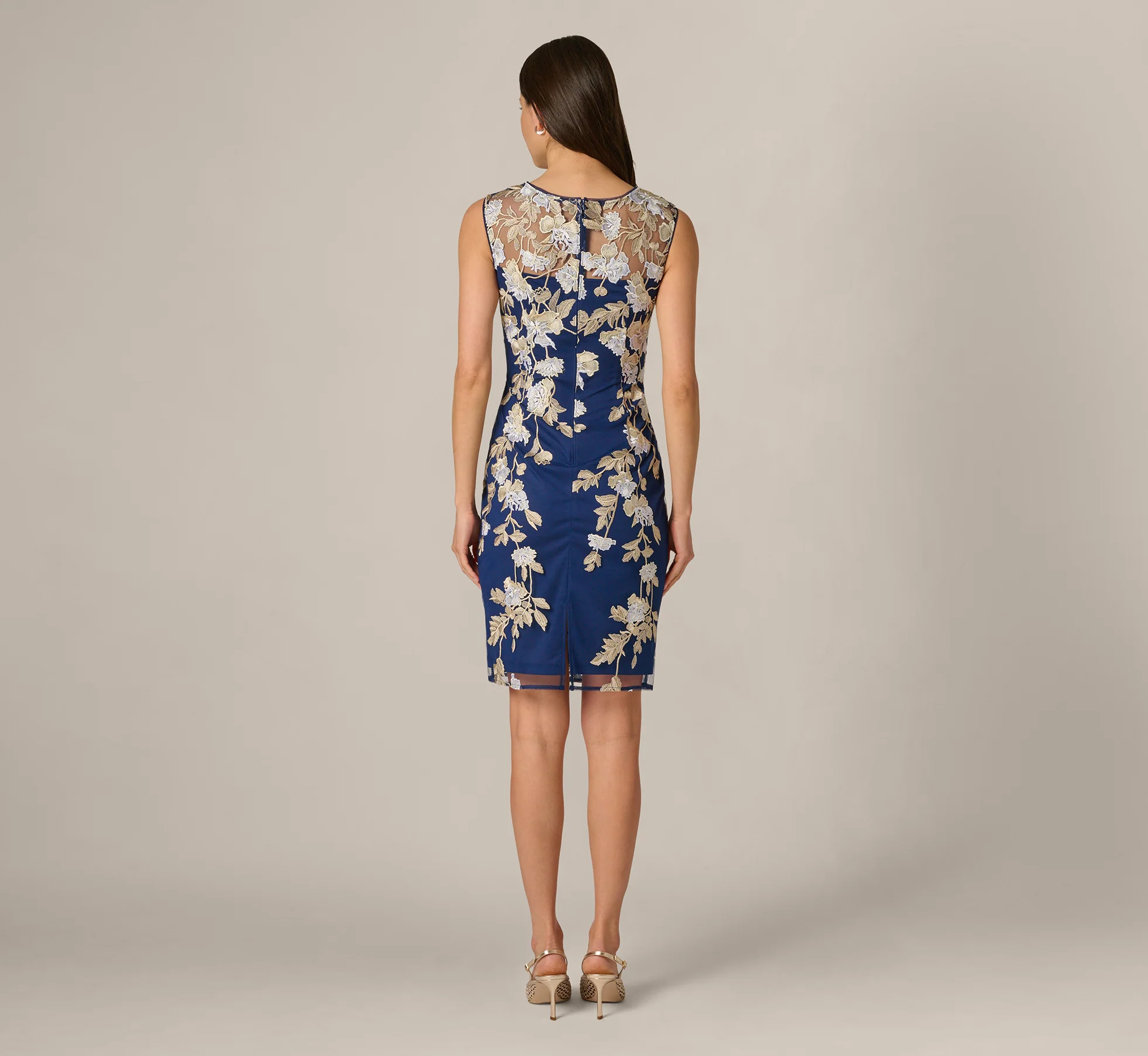 Sleeveless Illusion Floral Embroidery Sheath Dress In Navy Ecru - Image 5