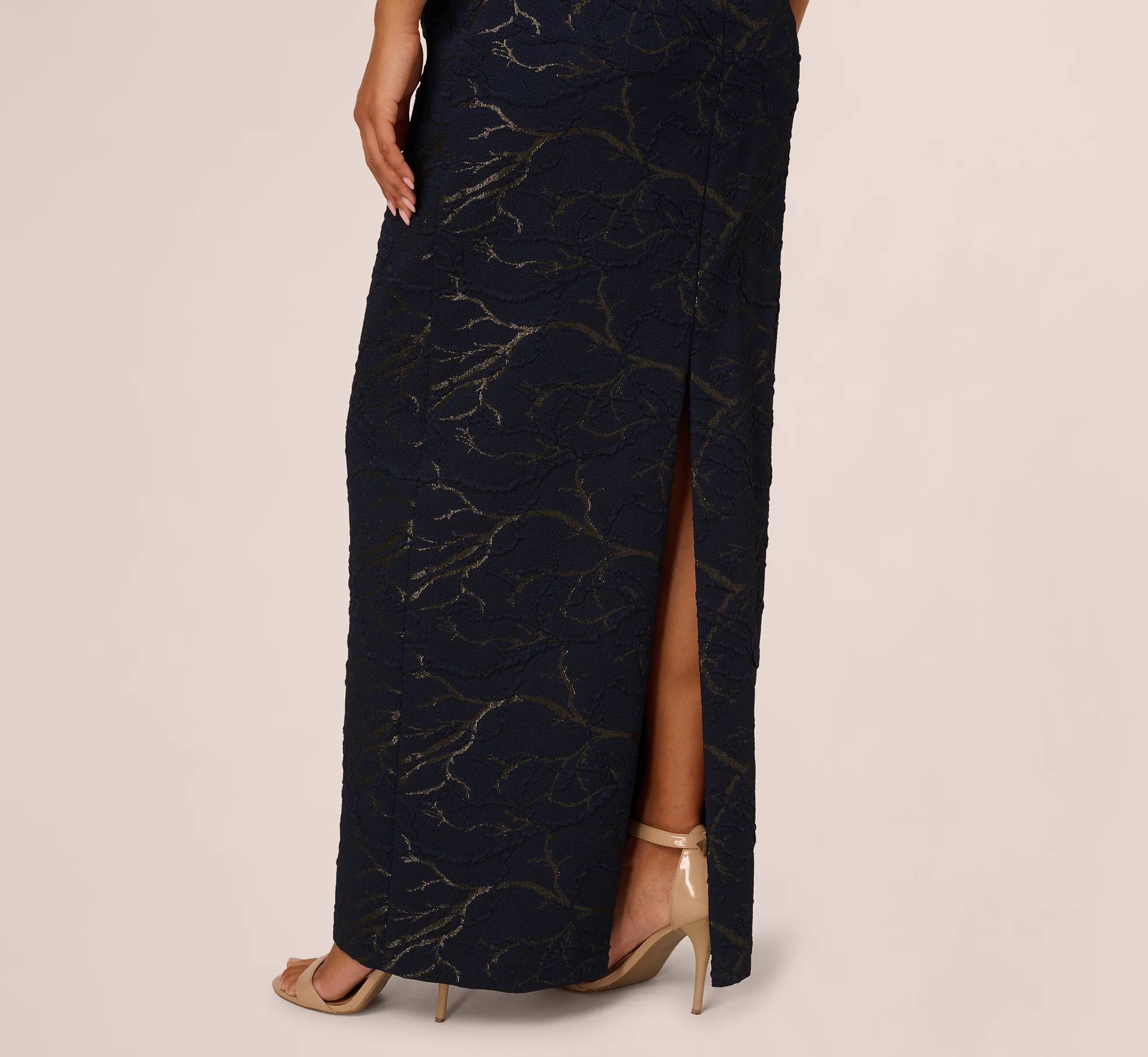 Sleeveless Jacquard Column Gown In Navy - Image 4