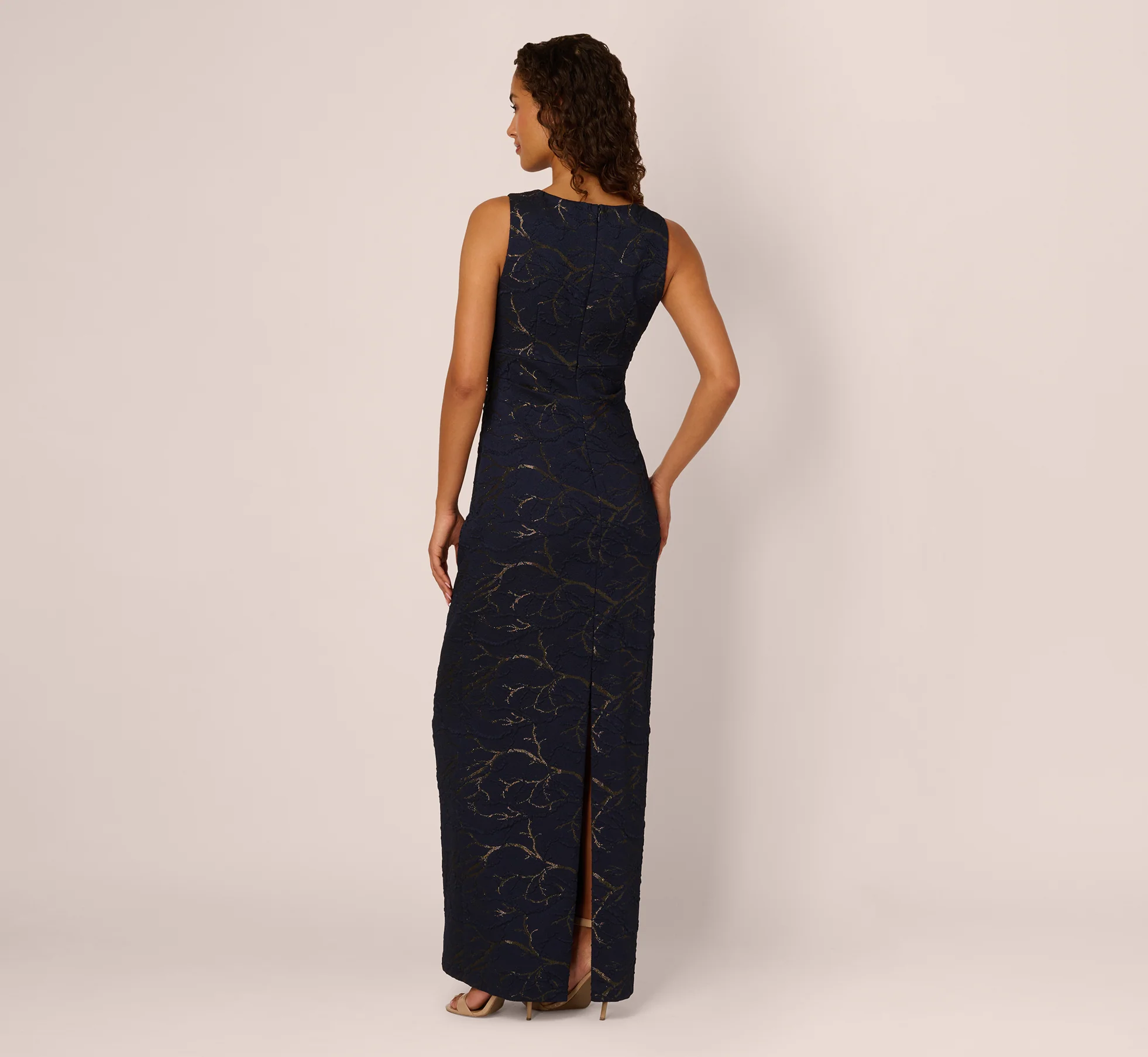 Sleeveless Jacquard Column Gown In Navy - Image 5