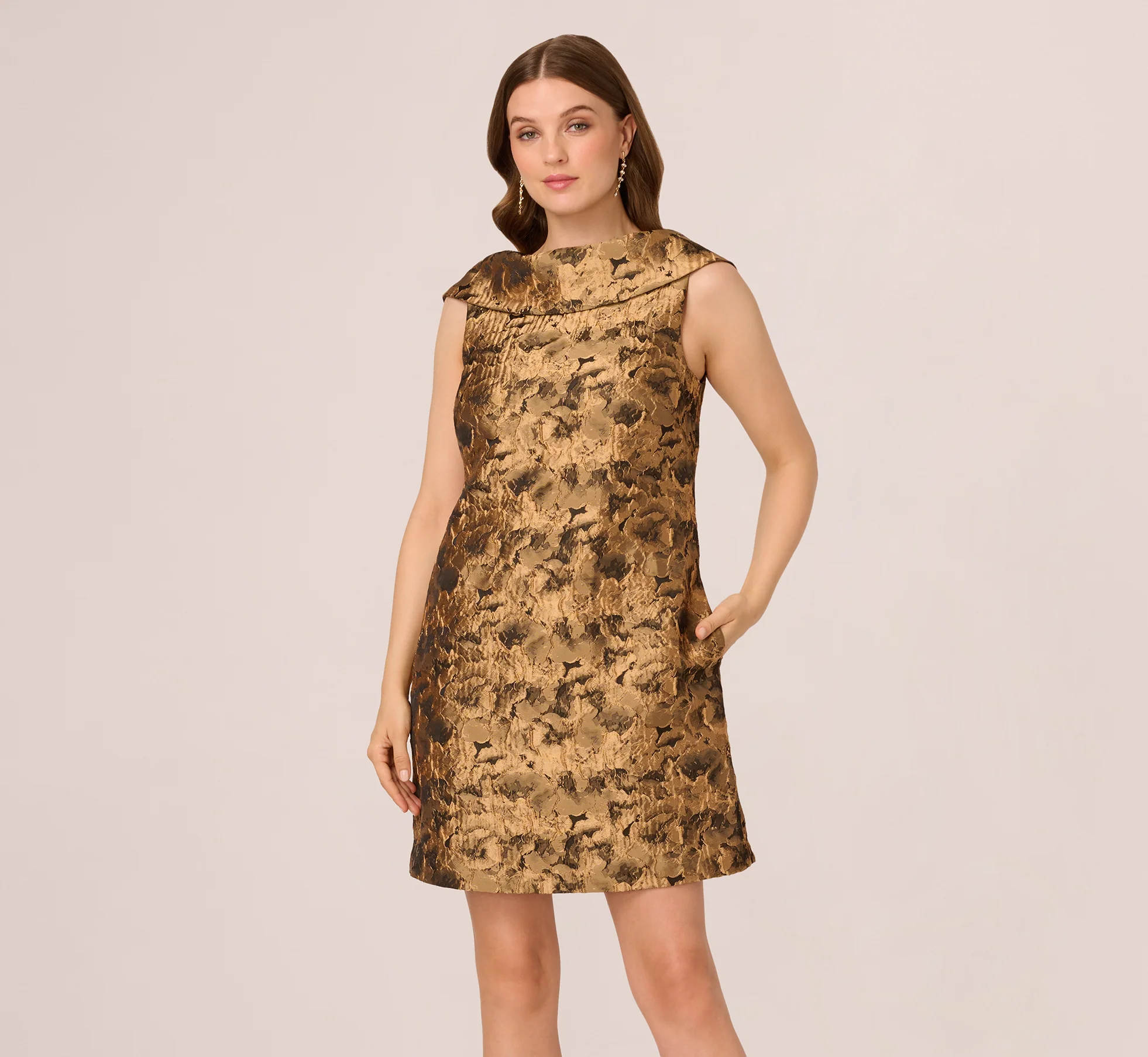 Sleeveless Jacquard Roll Collar Shift Dress In Gold Black - Image 3