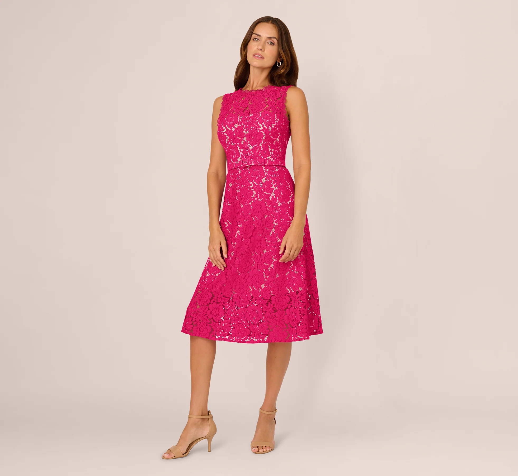 Sleeveless Lace Fit And Flare Dress With Sheer Details In Tropical Pink - Image 2