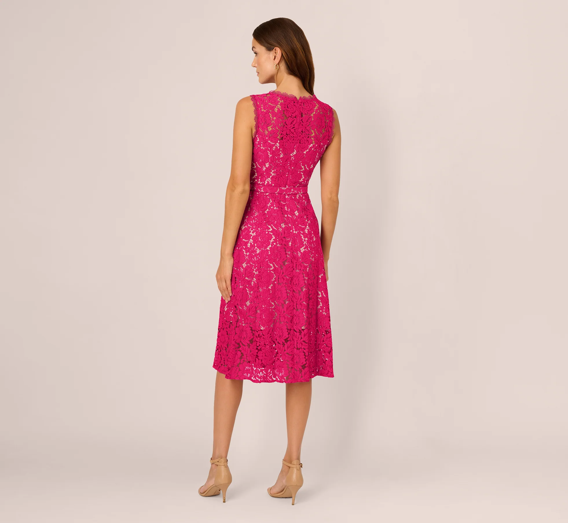 Sleeveless Lace Fit And Flare Dress With Sheer Details In Tropical Pink - Image 5