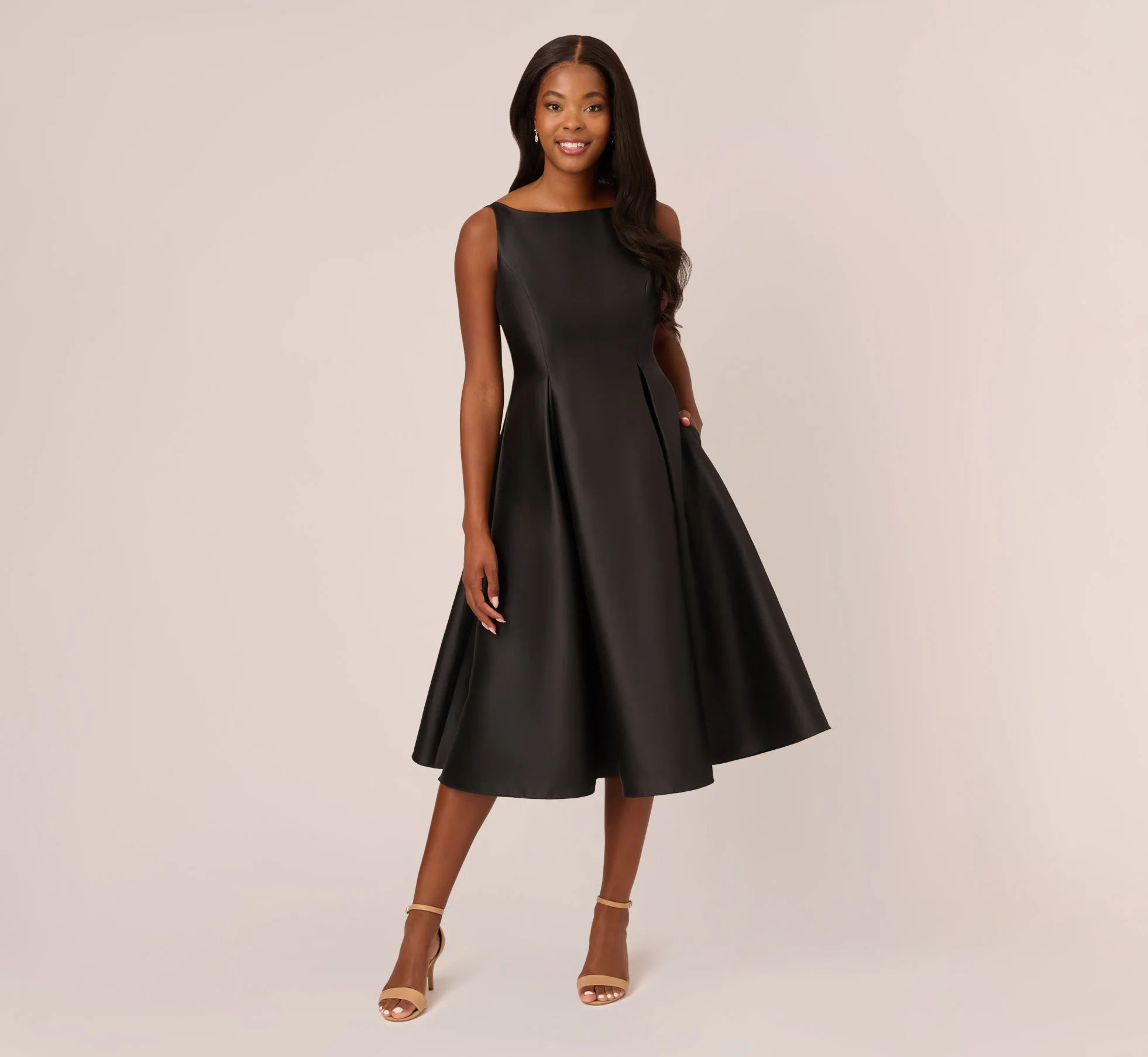 Sleeveless Mikado Fit And Flare Midi Dress With V-Back In Black - Image 3