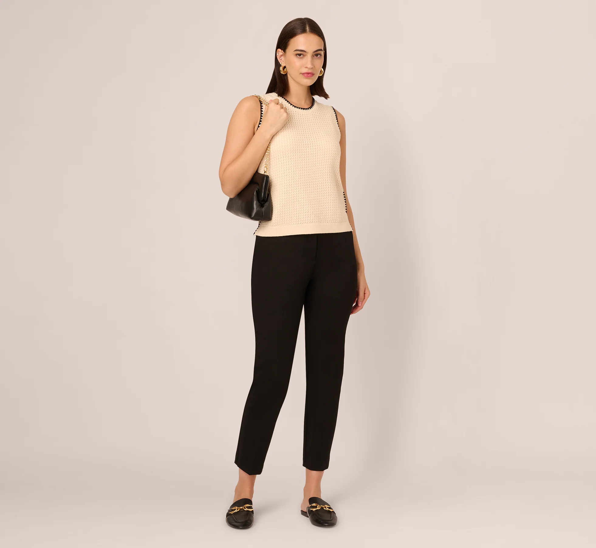 Sleeveless Open Knit Whipstitch Sweater Top In Cream Black - Image 3