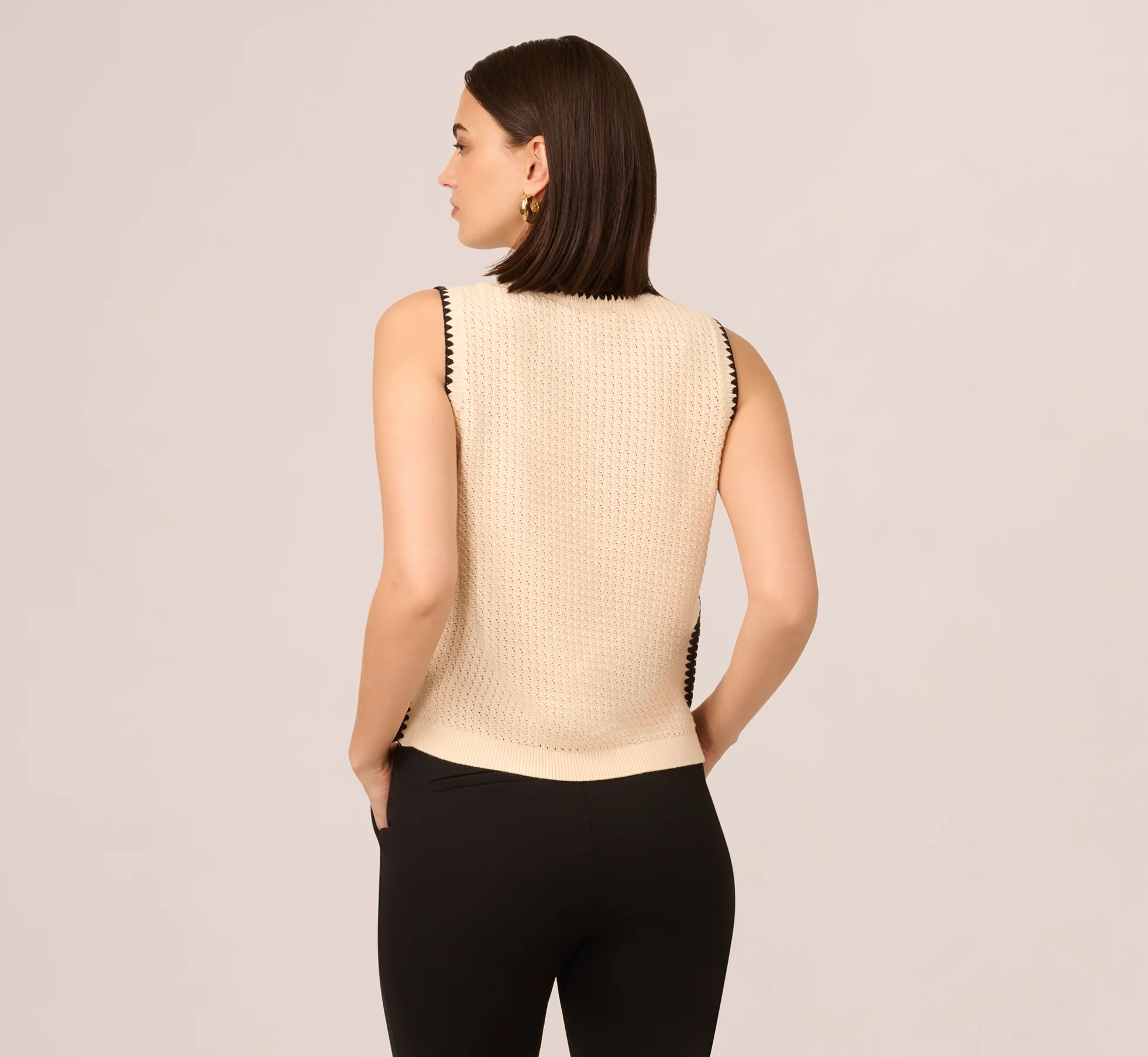 Sleeveless Open Knit Whipstitch Sweater Top In Cream Black - Image 7