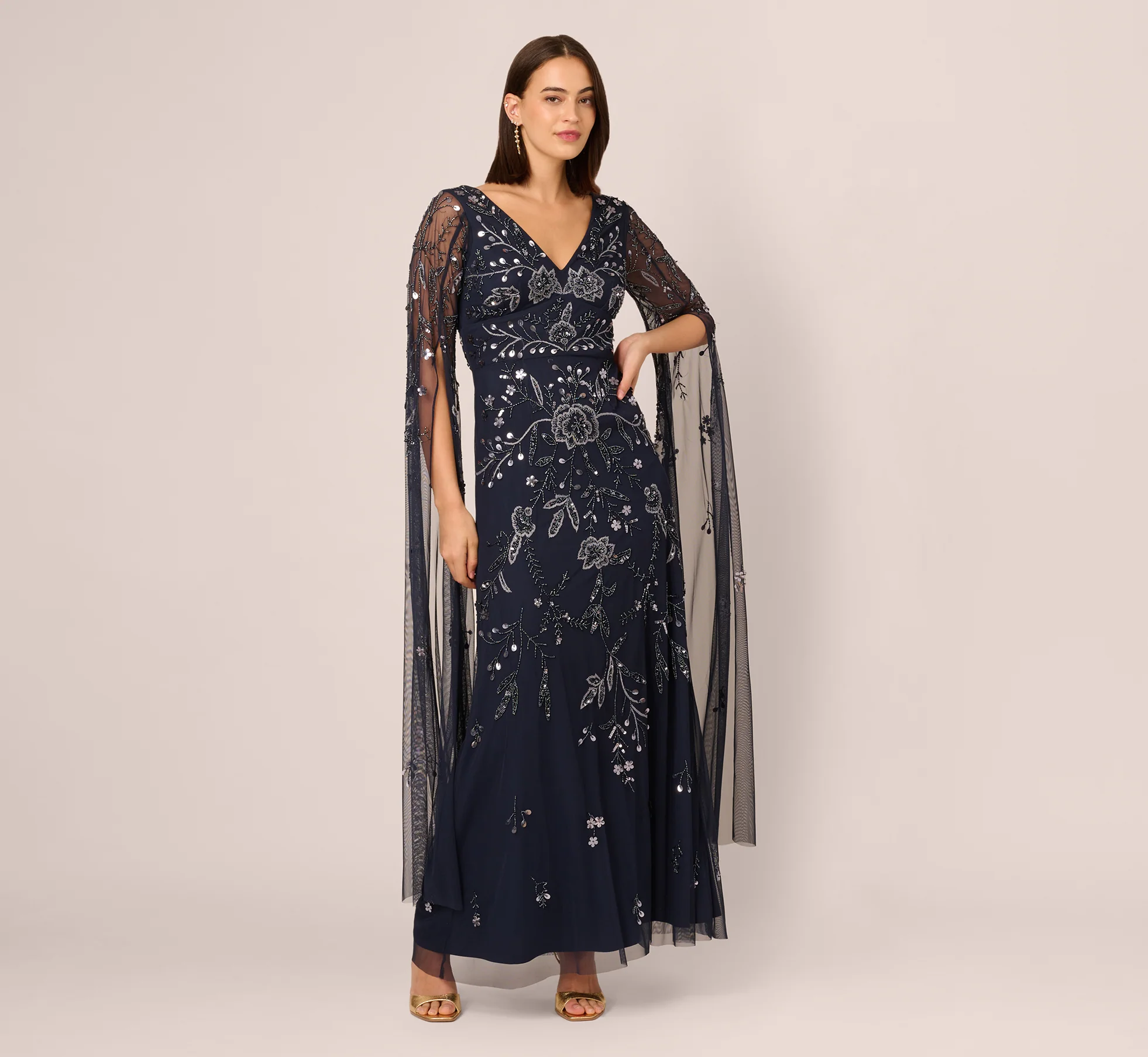 Split Sleeve Floral Beaded Gown In Navy Gunmetal - Image 2