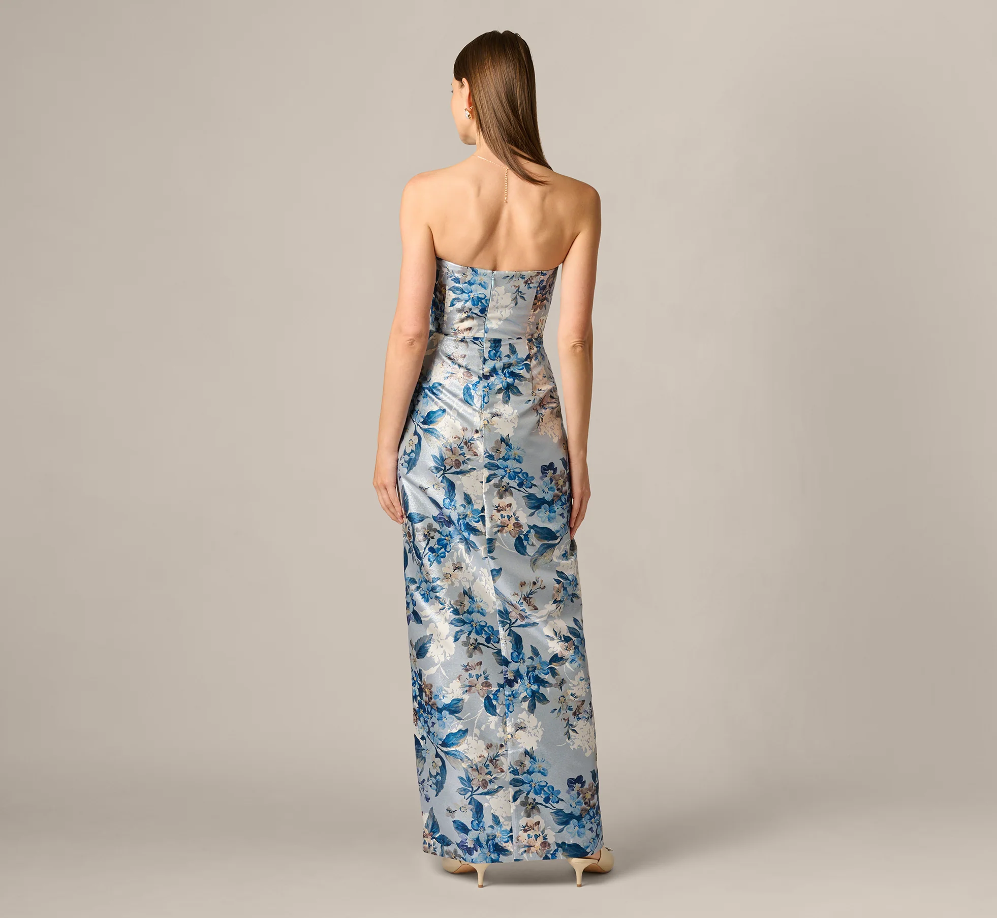 Strapless Pleated Floral Jacquard Wrap Gown In Blue Multi - Image 6