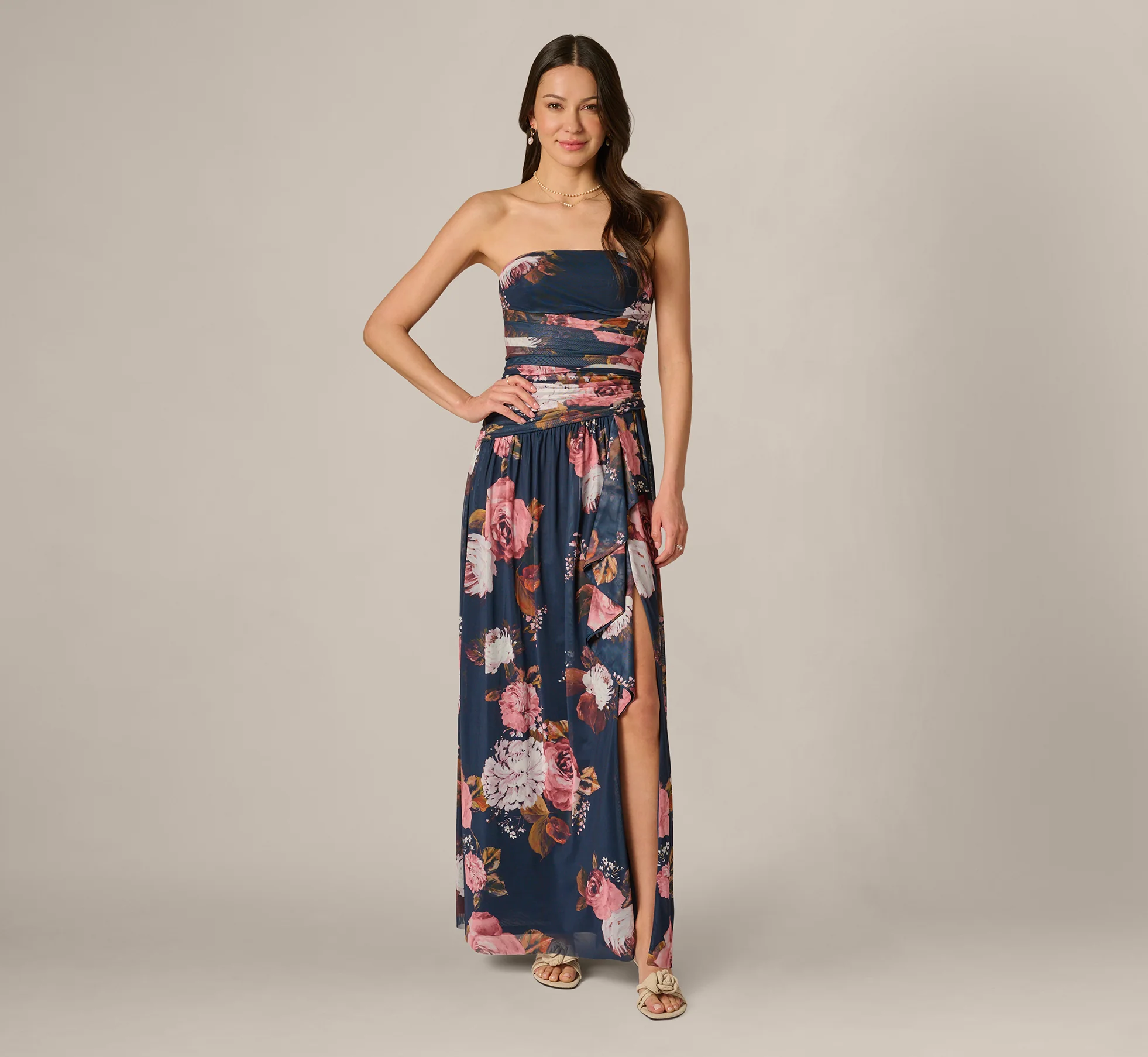 Strapless Ruched Floral Stretch Mesh Gown In Navy Multi - Image 2
