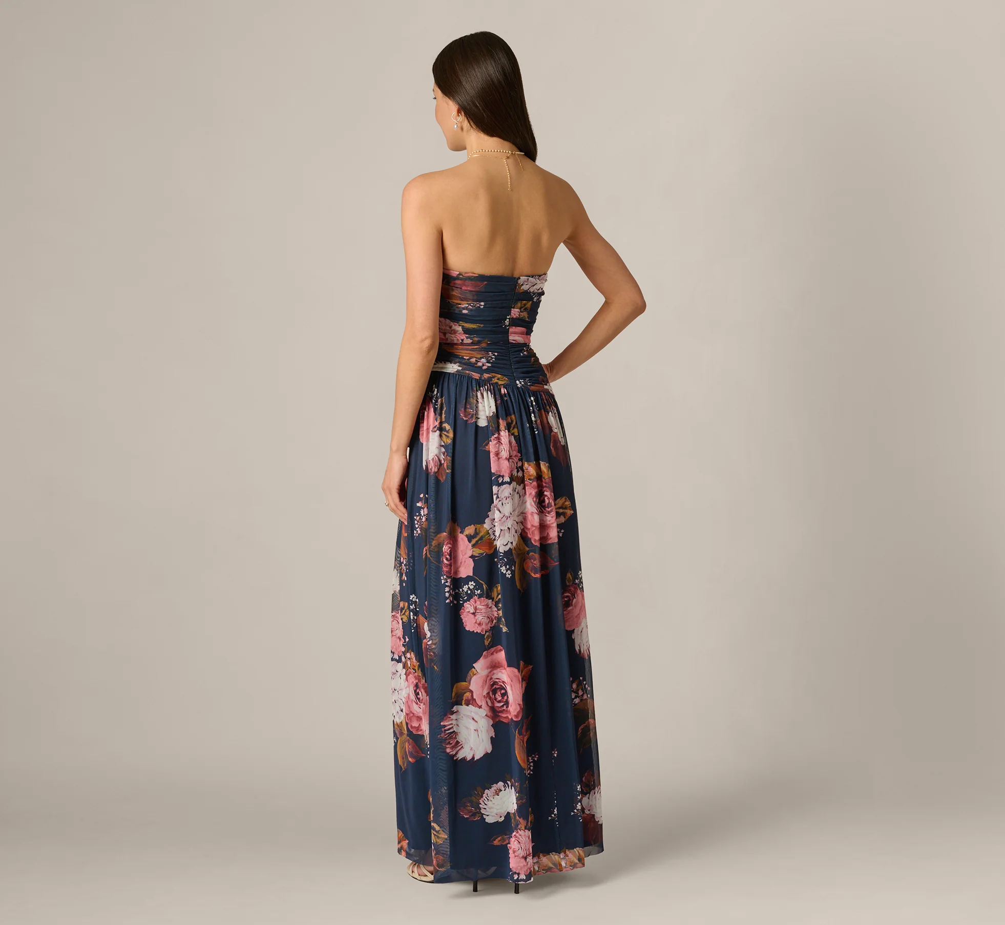 Strapless Ruched Floral Stretch Mesh Gown In Navy Multi - Image 5