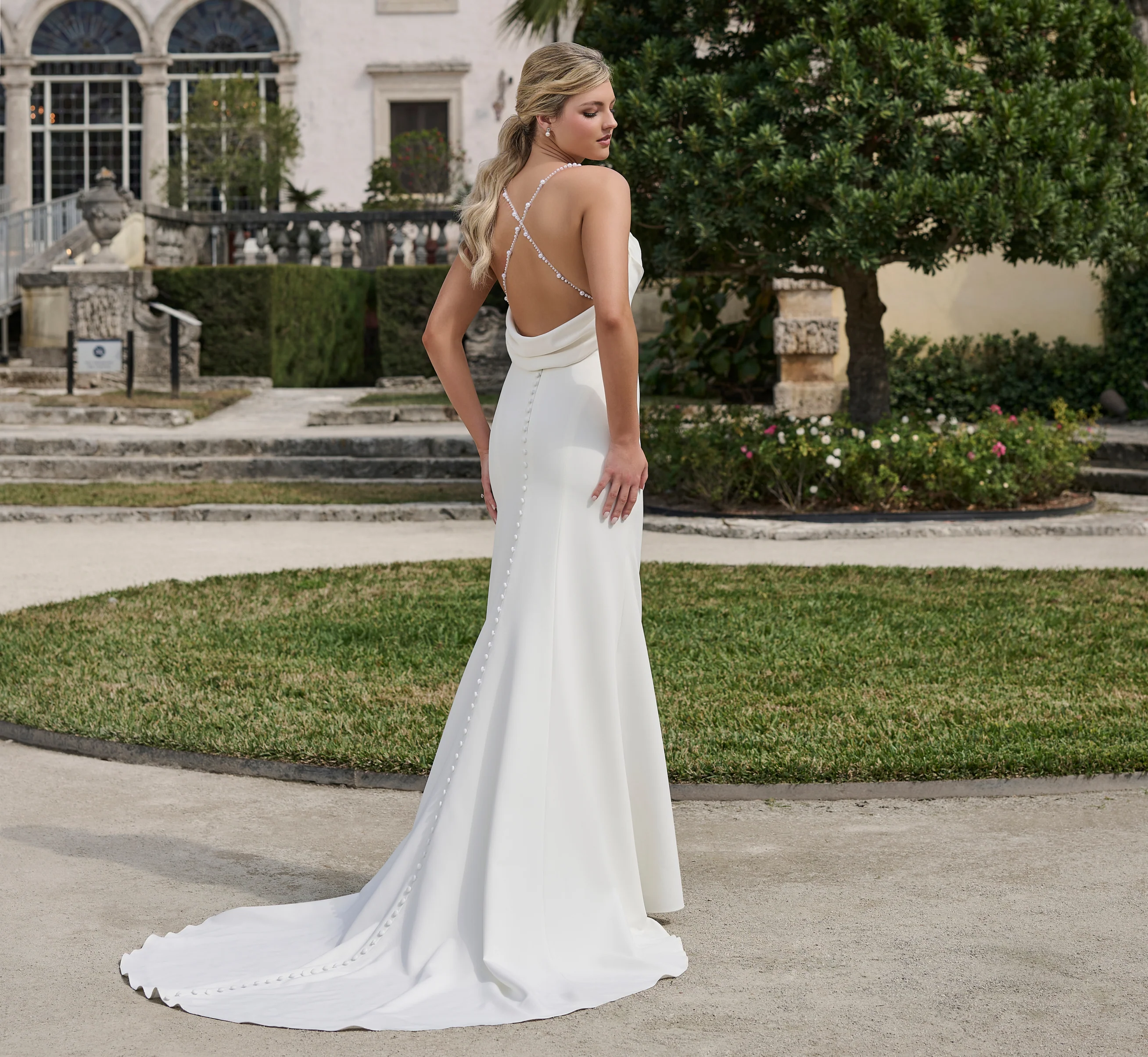 Stretch Crepe gown with cowl back in Ivory - Image 2