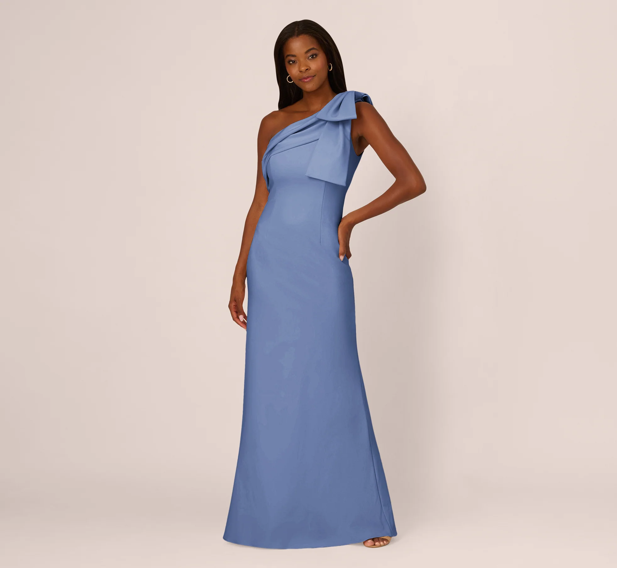 Stretch Crepe One Shoulder Mermaid Gown With Bow Accent In French Blue - Image 3