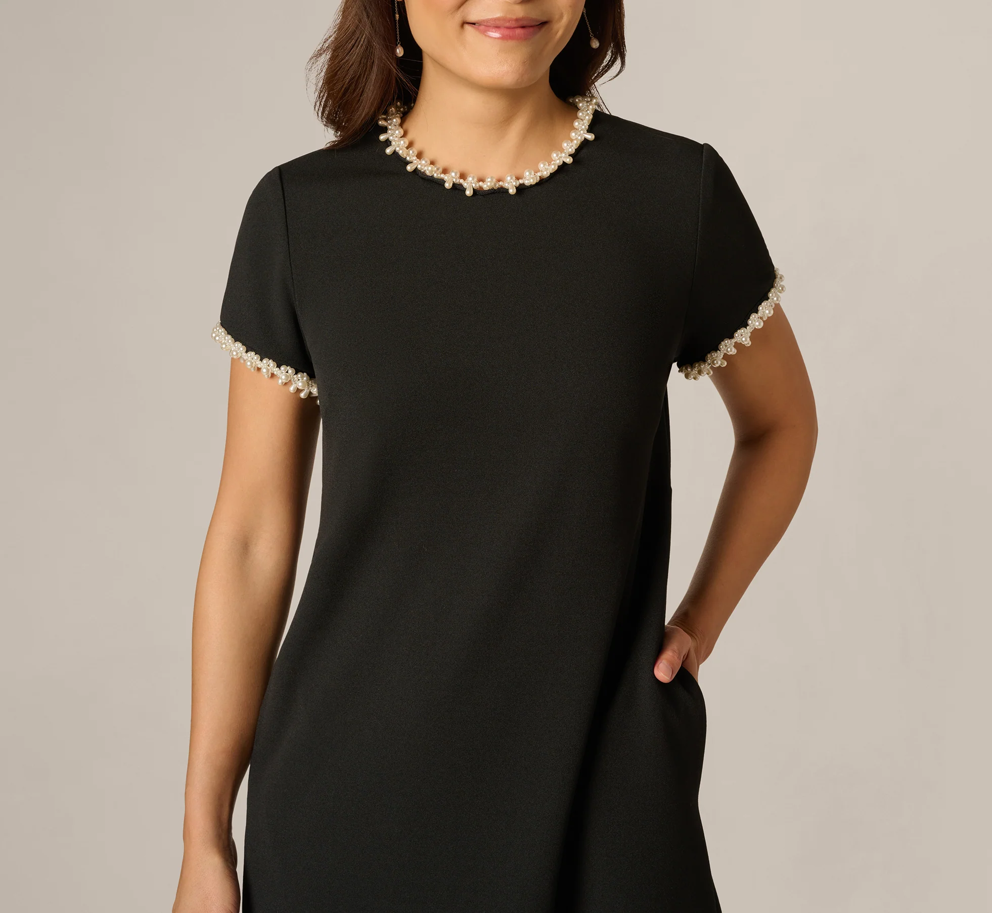 Stretch Crepe Pearly Short Shift Dress In Black Ivory - Image 3