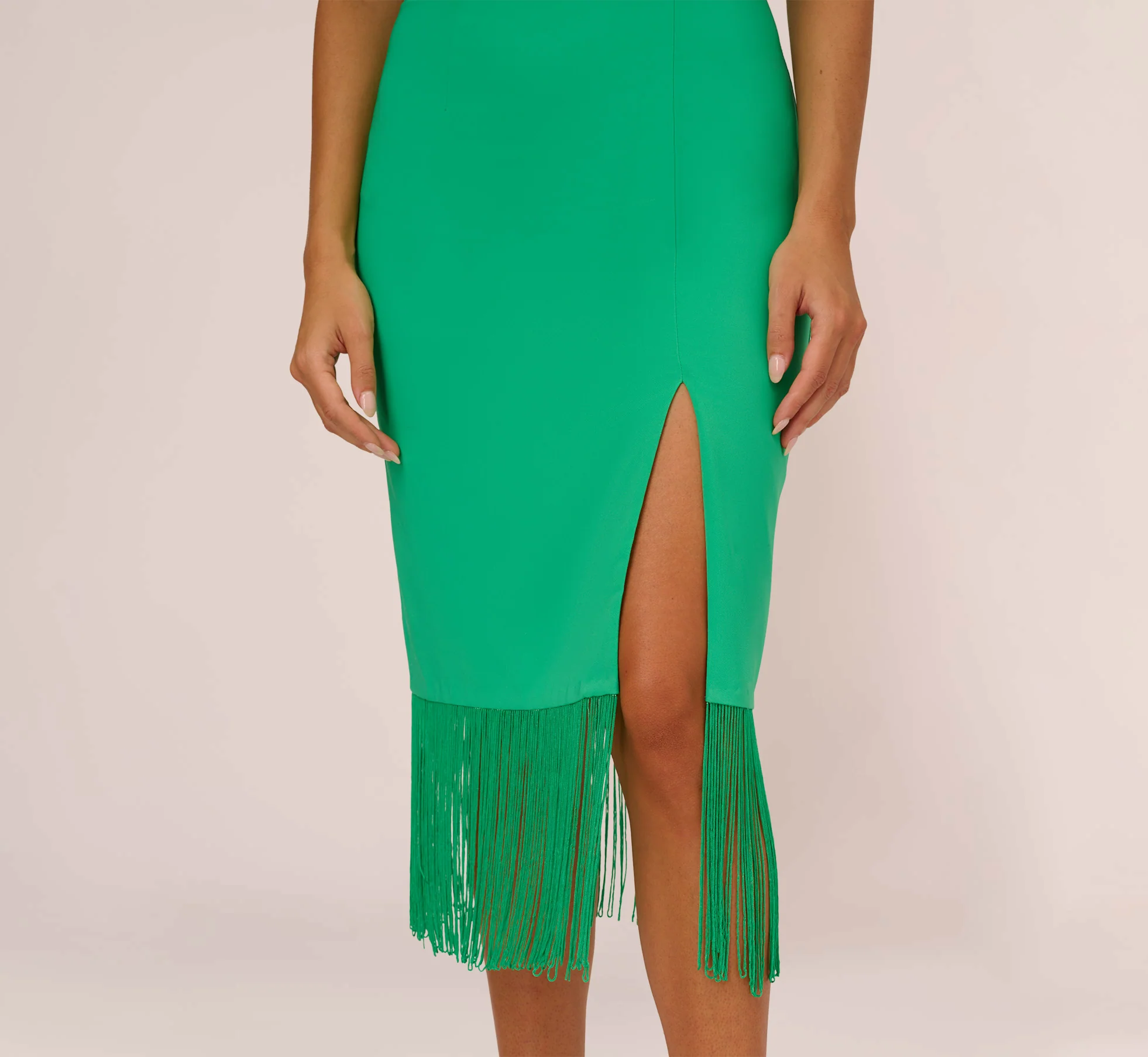 Stretch Crepe Popover Midi Dress With Fringe Hem In Summer Green - Image 4