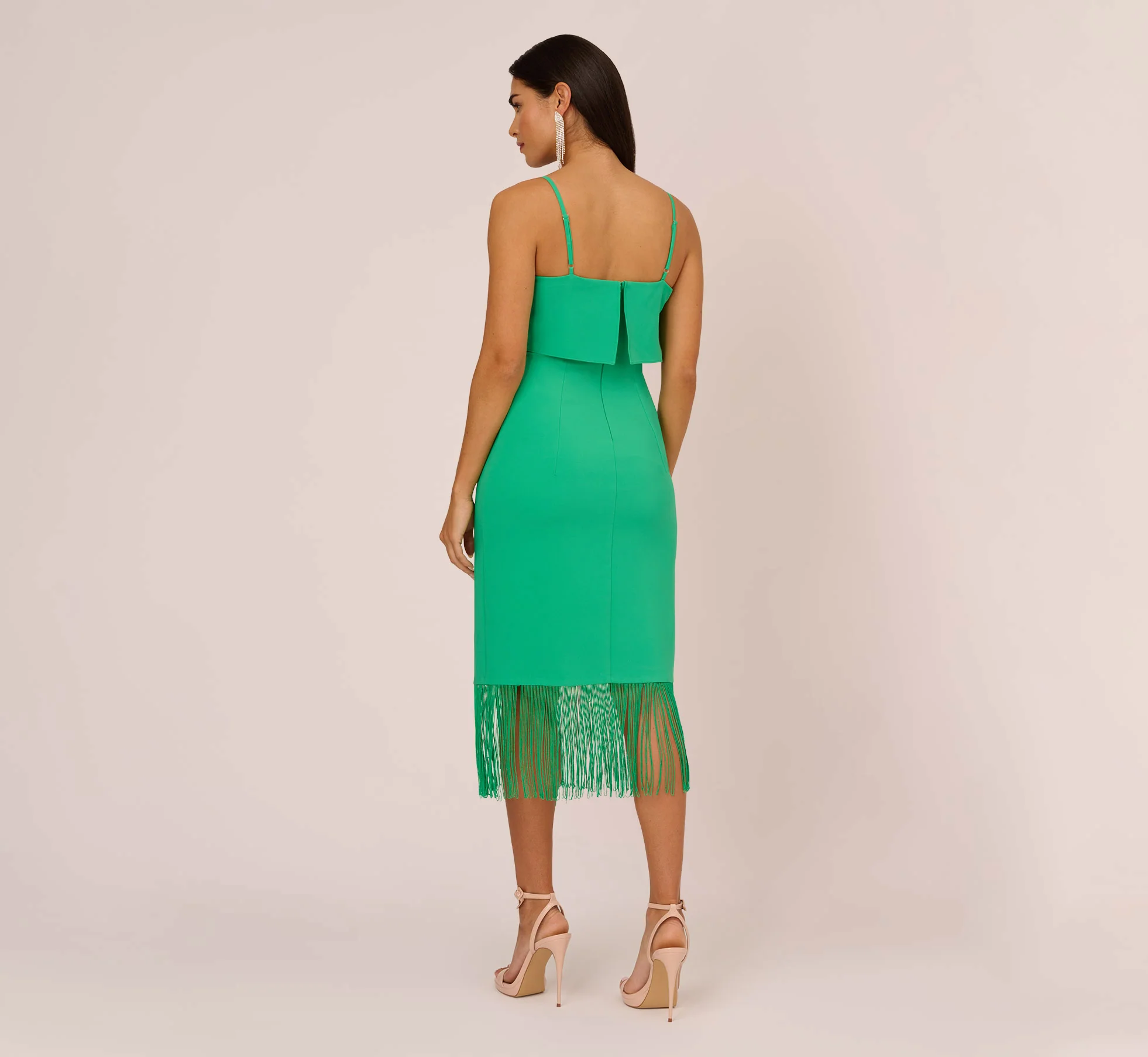 Stretch Crepe Popover Midi Dress With Fringe Hem In Summer Green - Image 5