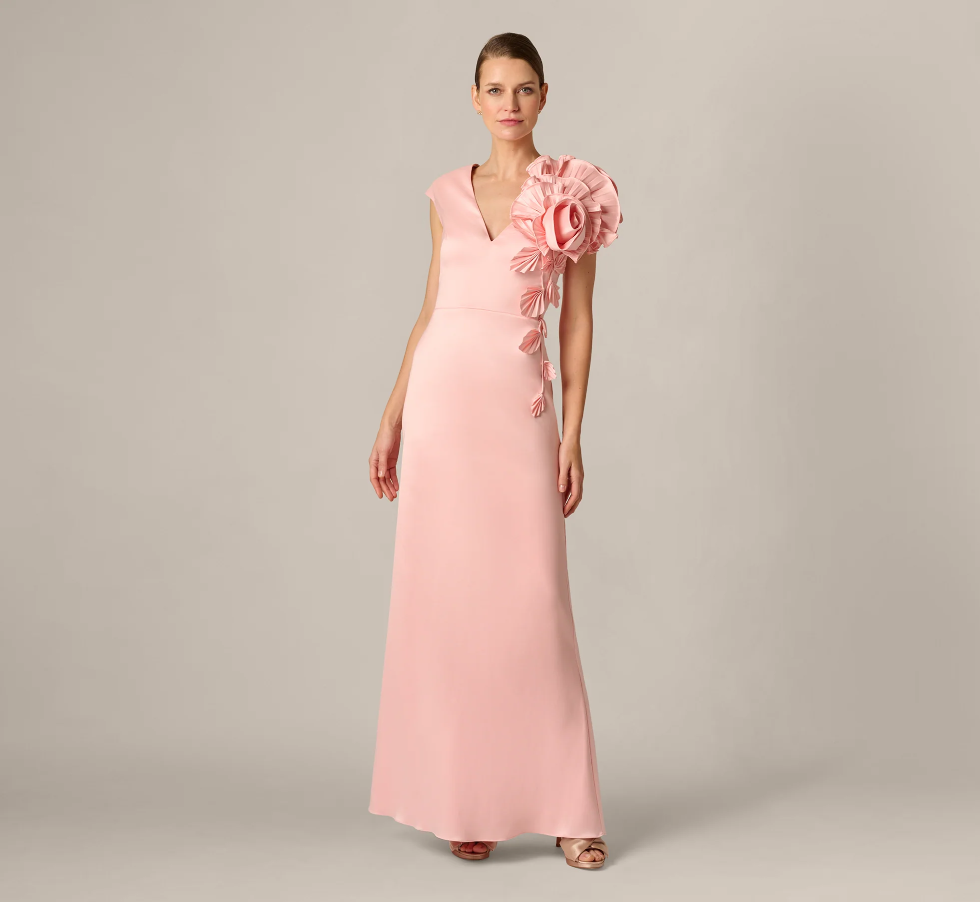 Stretch Mikado Rosette Shoulder Gown In Pink Cloud - Image 3