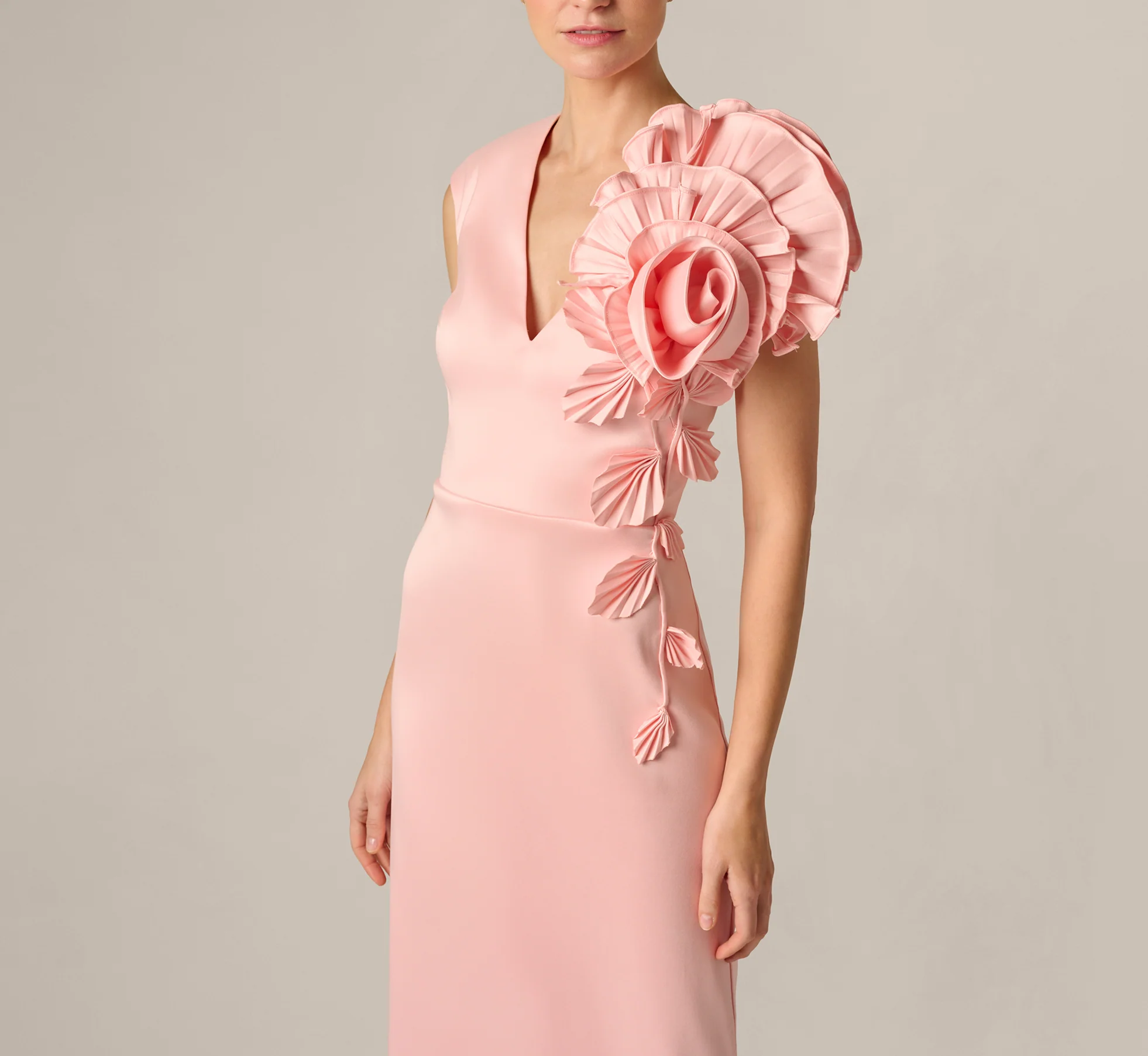 Stretch Mikado Rosette Shoulder Gown In Pink Cloud - Image 4