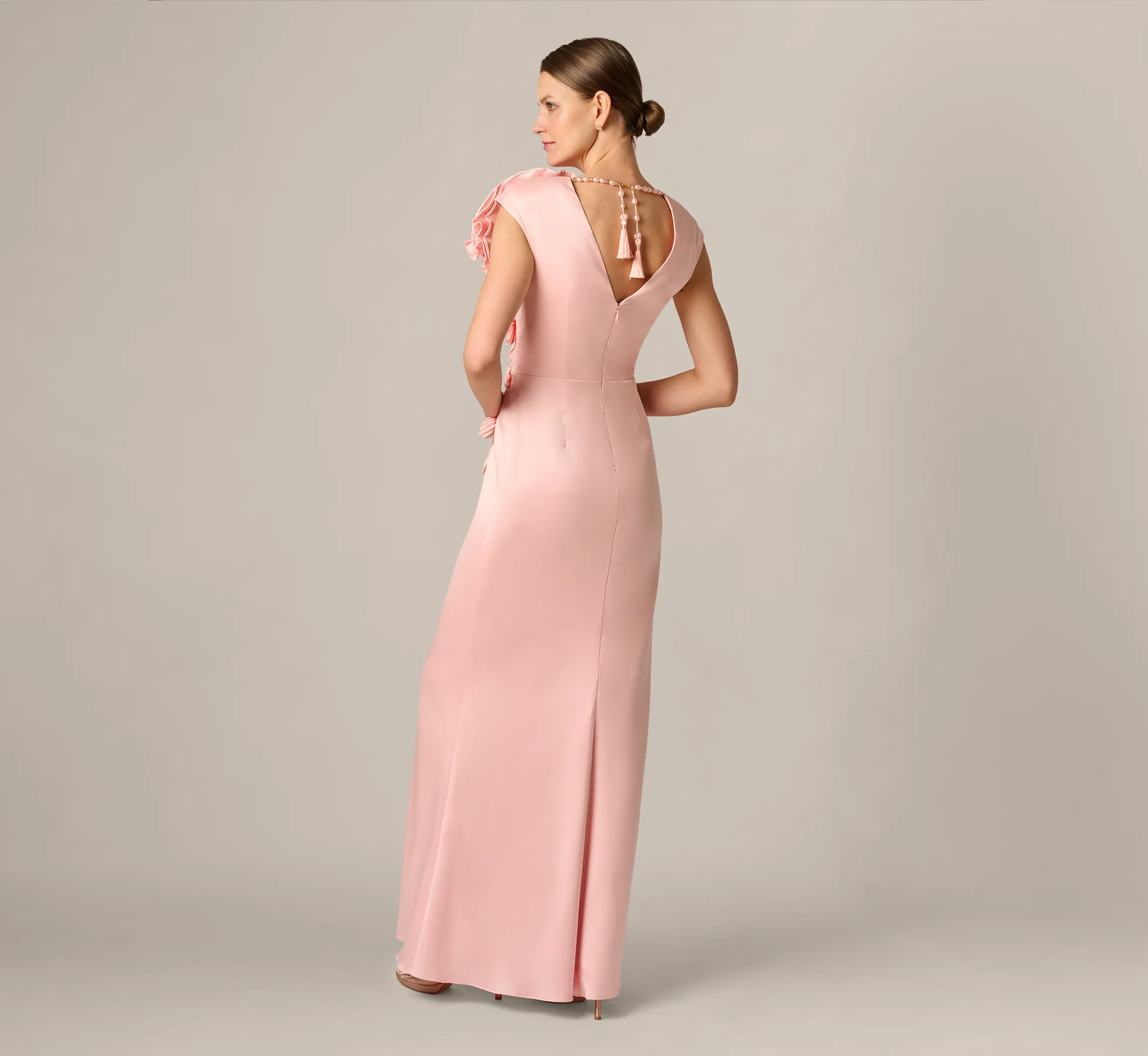Stretch Mikado Rosette Shoulder Gown In Pink Cloud - Image 6