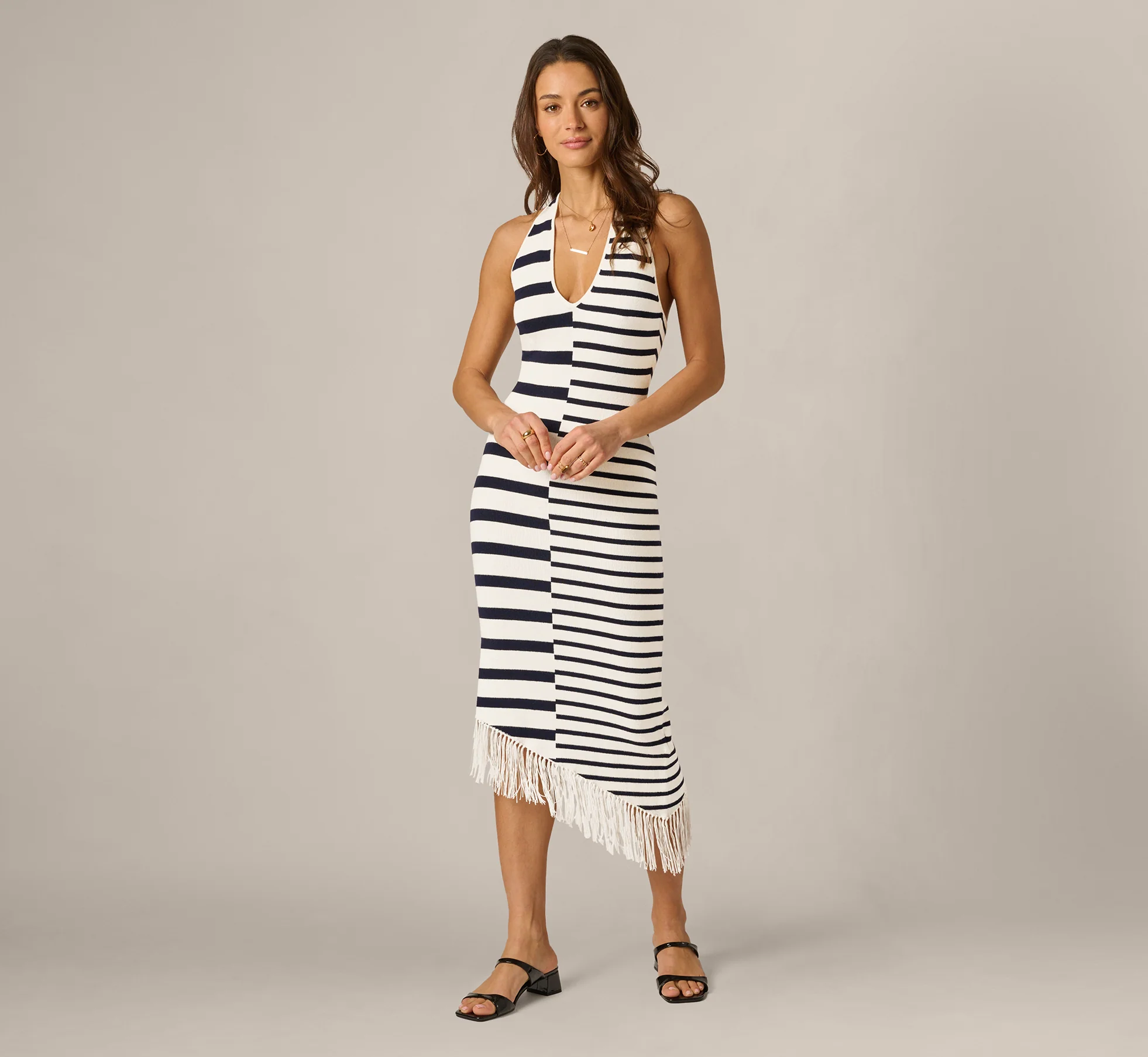Striped Asymmetrical Fringe Halter Midi Dress In Ivory Navy - Image 3